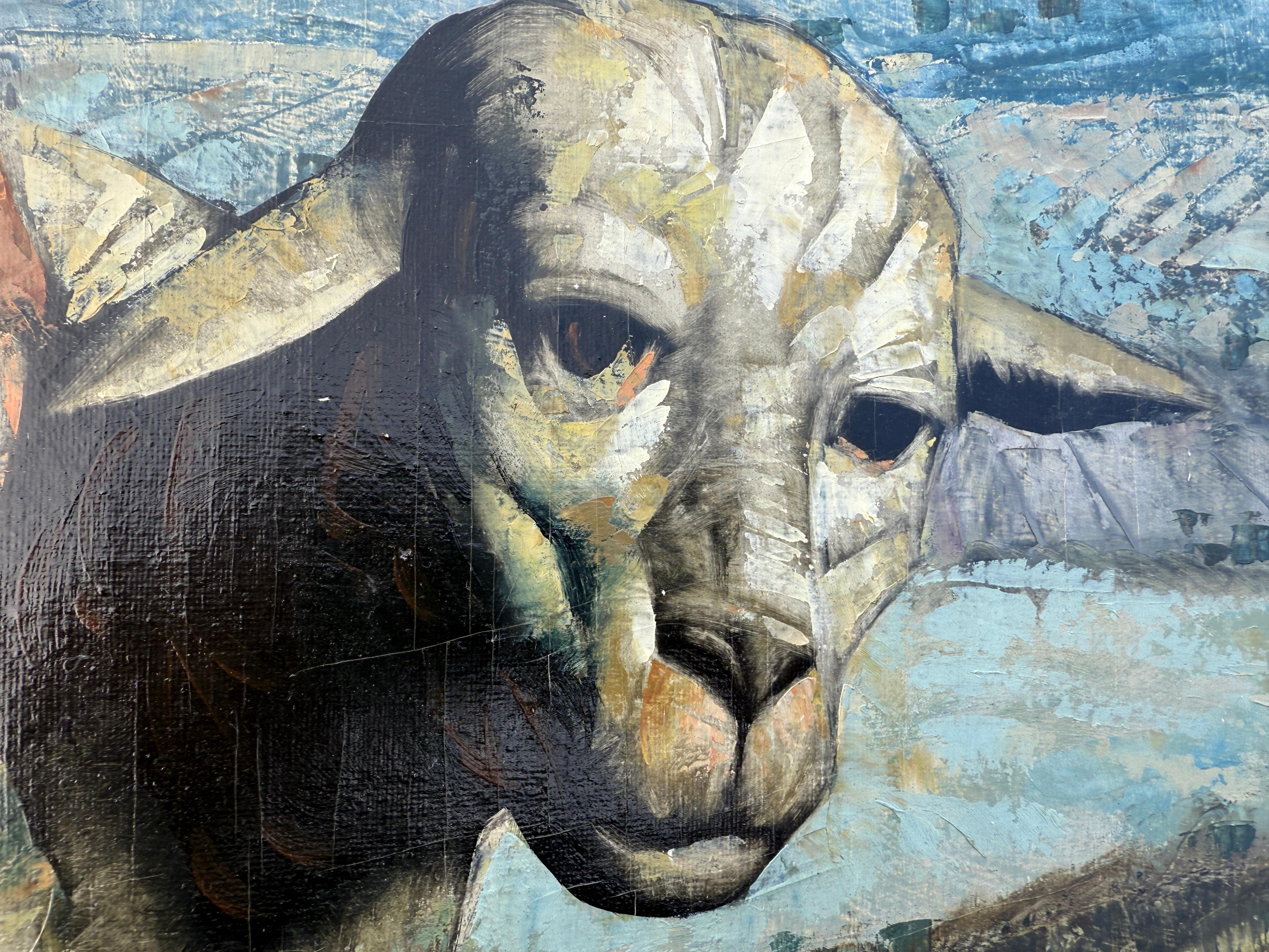 Berger avec agneau et chien de garde huile sur toile peinture art européen - Gris Figurative Painting par Jesus Villar