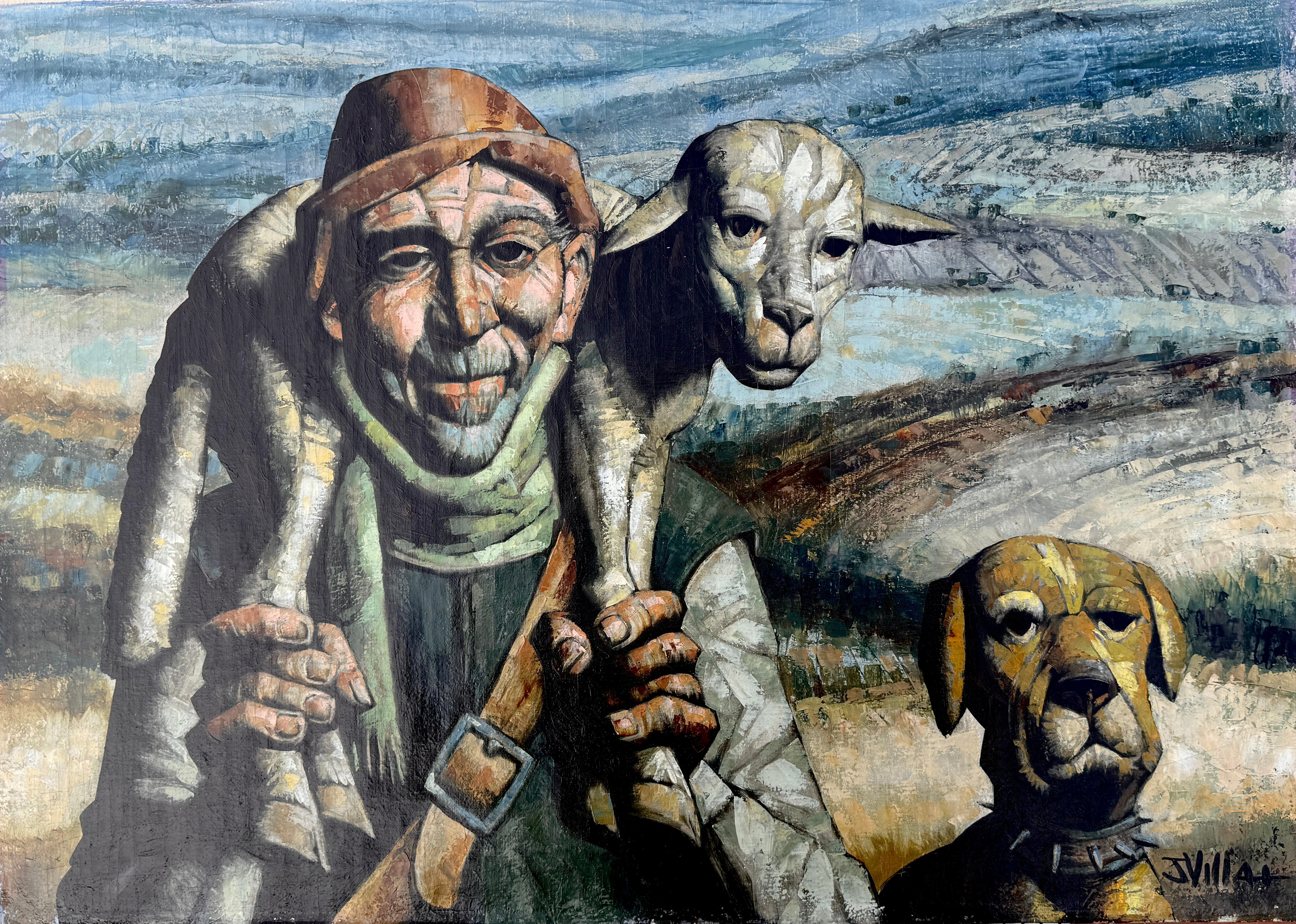 Shepherd with Lamb and Guard Dog oil on canvas painting european art