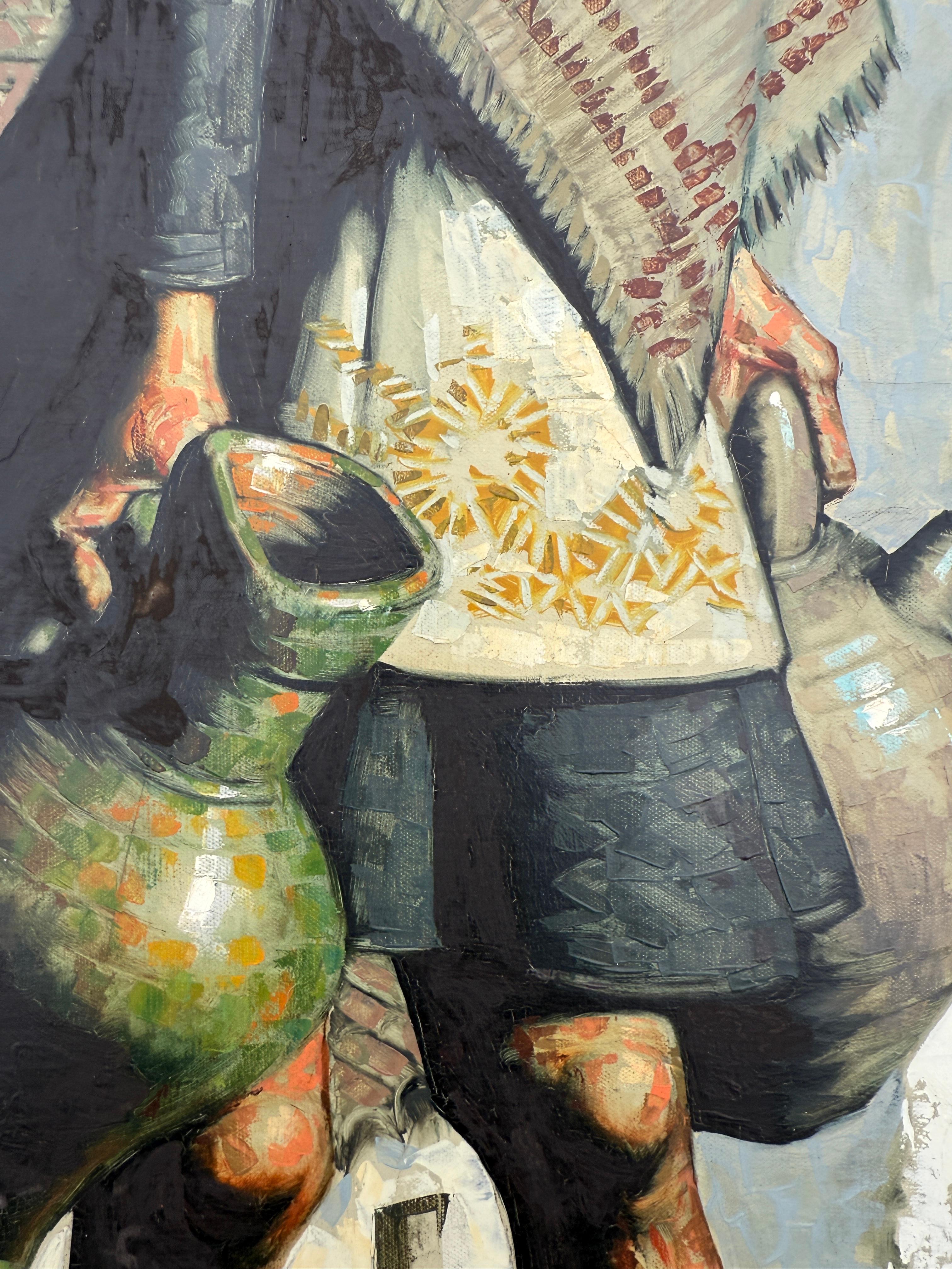 Mujer joven buscando agua óleo sobre lienzo pintura España - Figurative Painting Gris de Jesus Villar