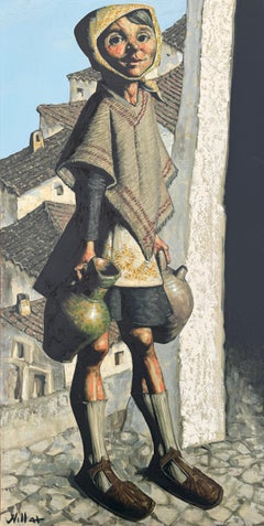 Mujer joven buscando agua óleo sobre lienzo pintura España