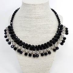 Jet Black and Clear pave Glass Ball and Bead Collar Necklace, Vintage Mid 1900s