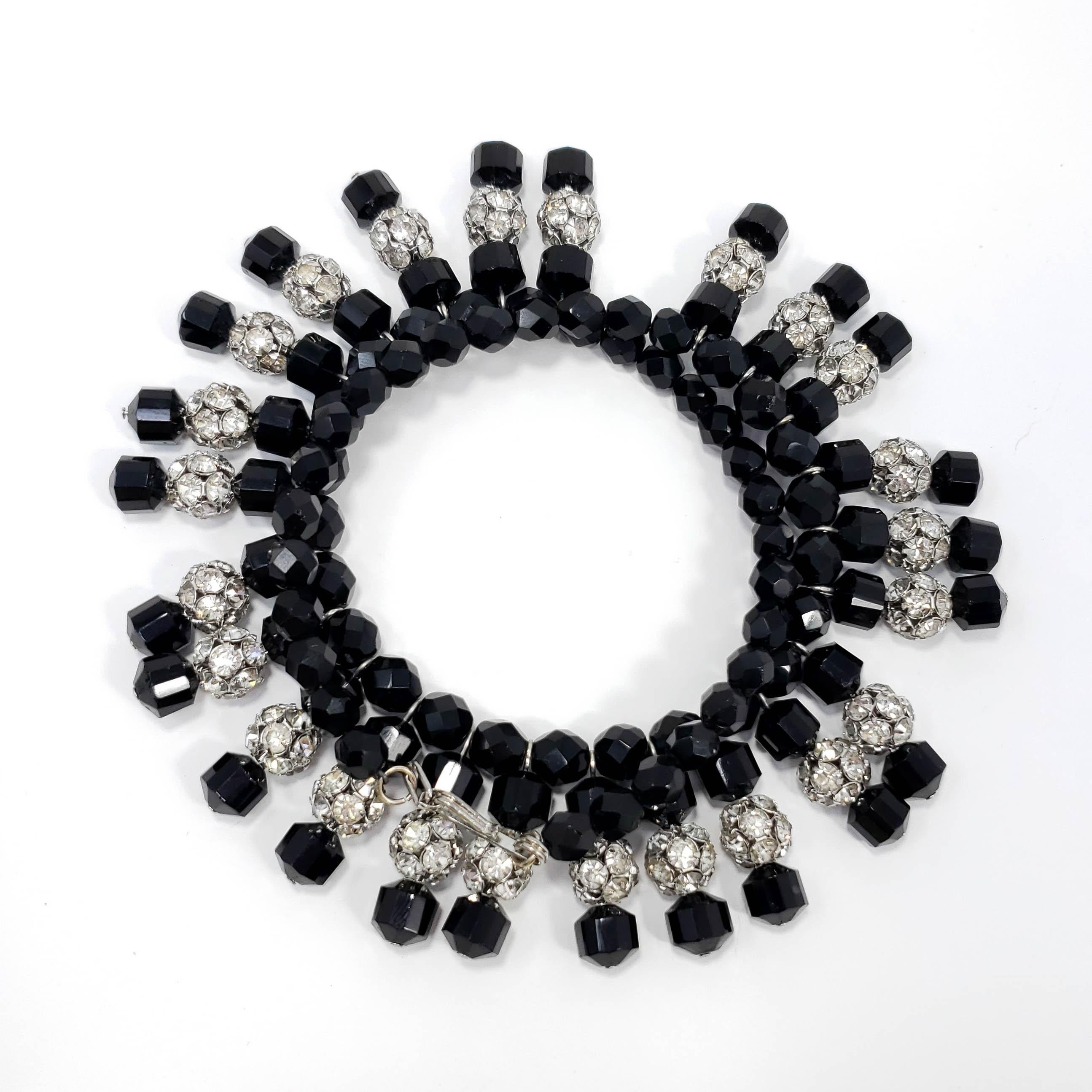 Retro Jet Black and Clear pave Glass Ball and Bead Collar Necklace, Vintage Mid 1900s For Sale