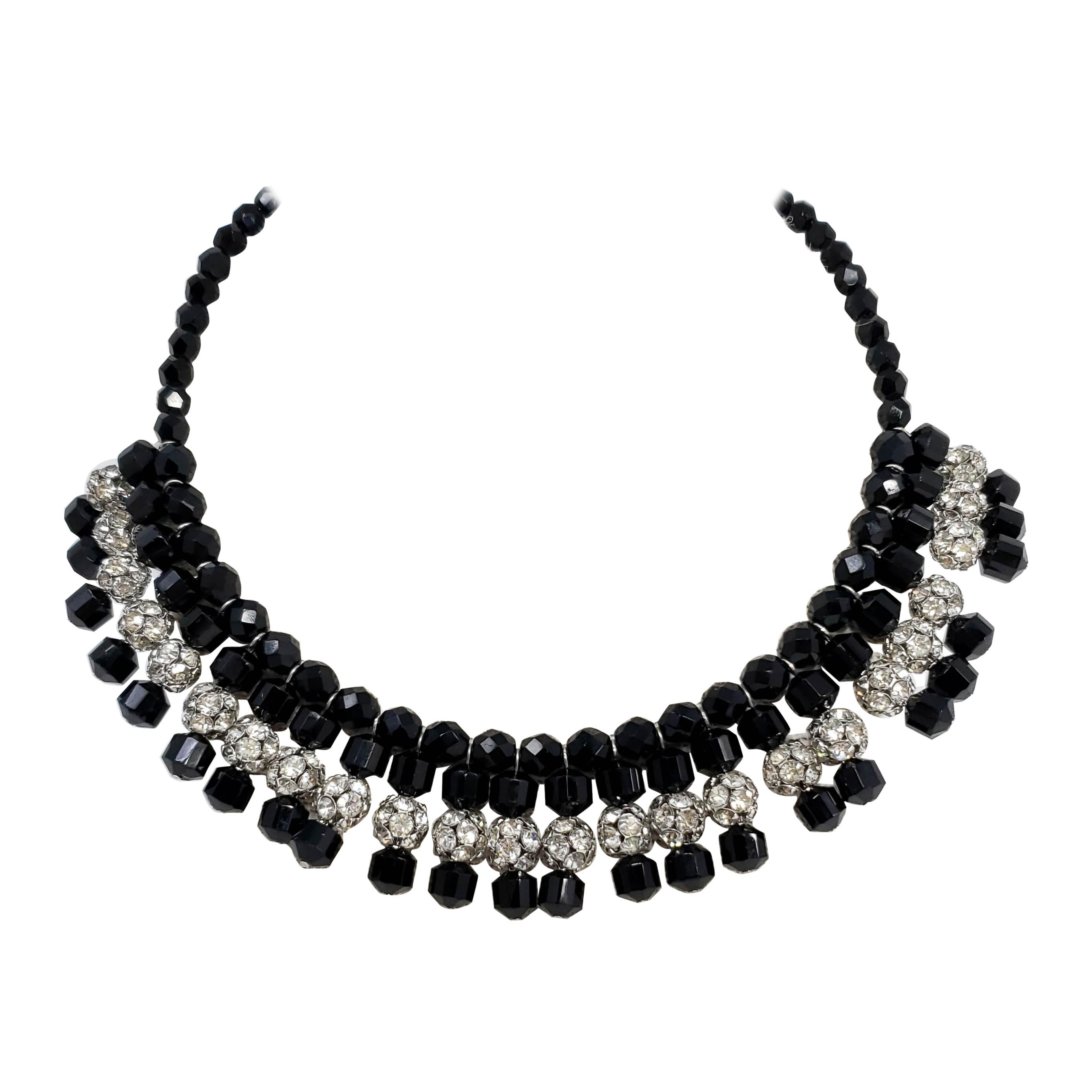 Jet Black and Clear pave Glass Ball and Bead Collar Necklace, Vintage Mid 1900s For Sale