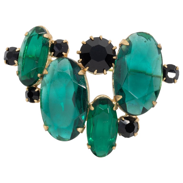 Emerald Shellback Pin Jet Black and Emerald Green Open Back Crystal Pin Brooch, Mid 1900s at ...