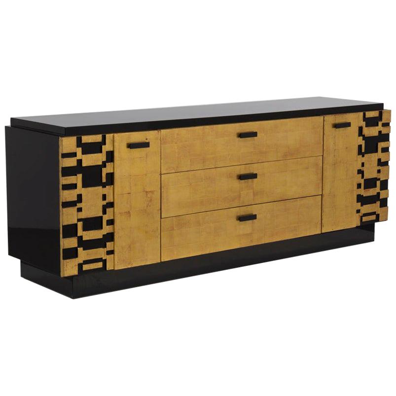 Jet Black Burnished Lacquer and Gold Leaf Cabinet by Lane Company