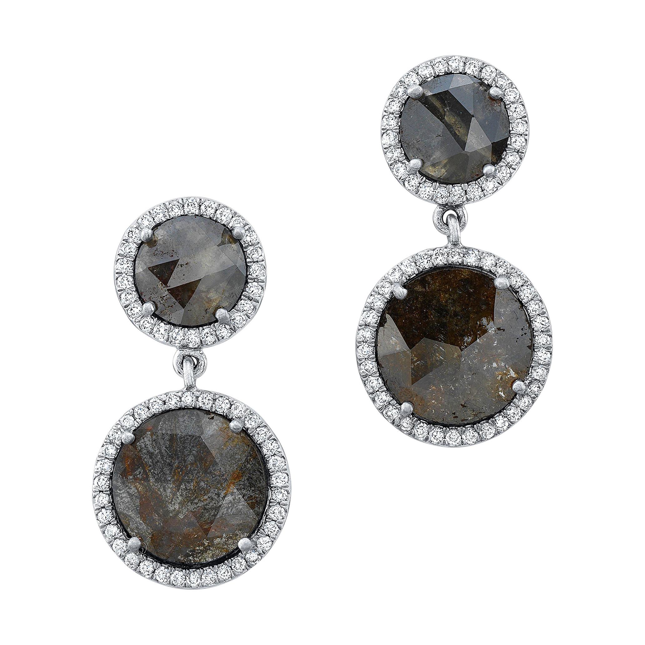 Jet Black Diamond Slice Drops Earrings with Diamond Pave Halo in 18k White Gold