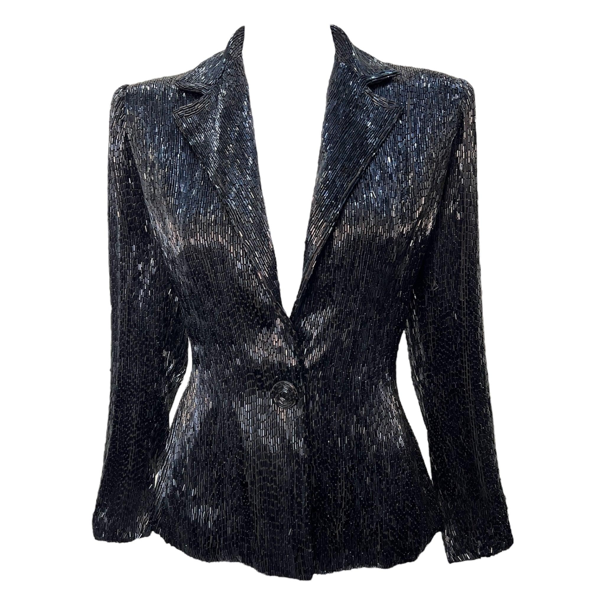 Noir Veste blazer de soirée en perles, noir de jais, années 1940 en vente
