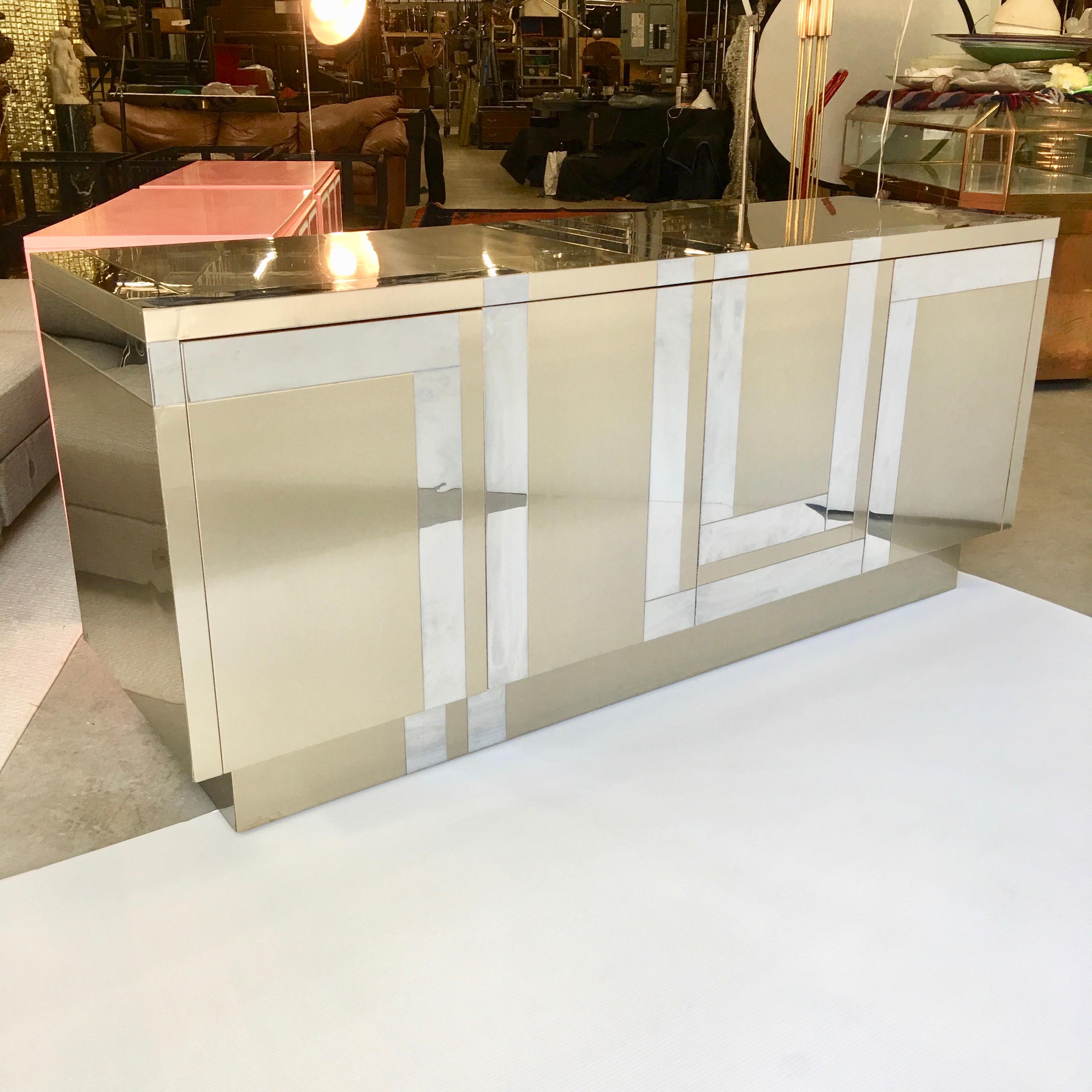 Jet Set Glam Vintage Credenza Clad in Stainless Steel In Fair Condition In Hanover, MA