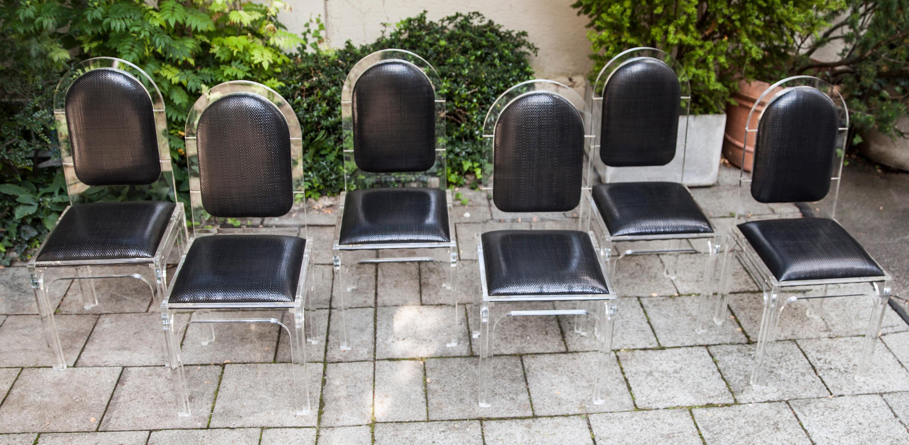 Set of 6 exclusive chairs, jet set style, plexiglass with black leather covers black from Bottega Veneta
Italy, 1978.