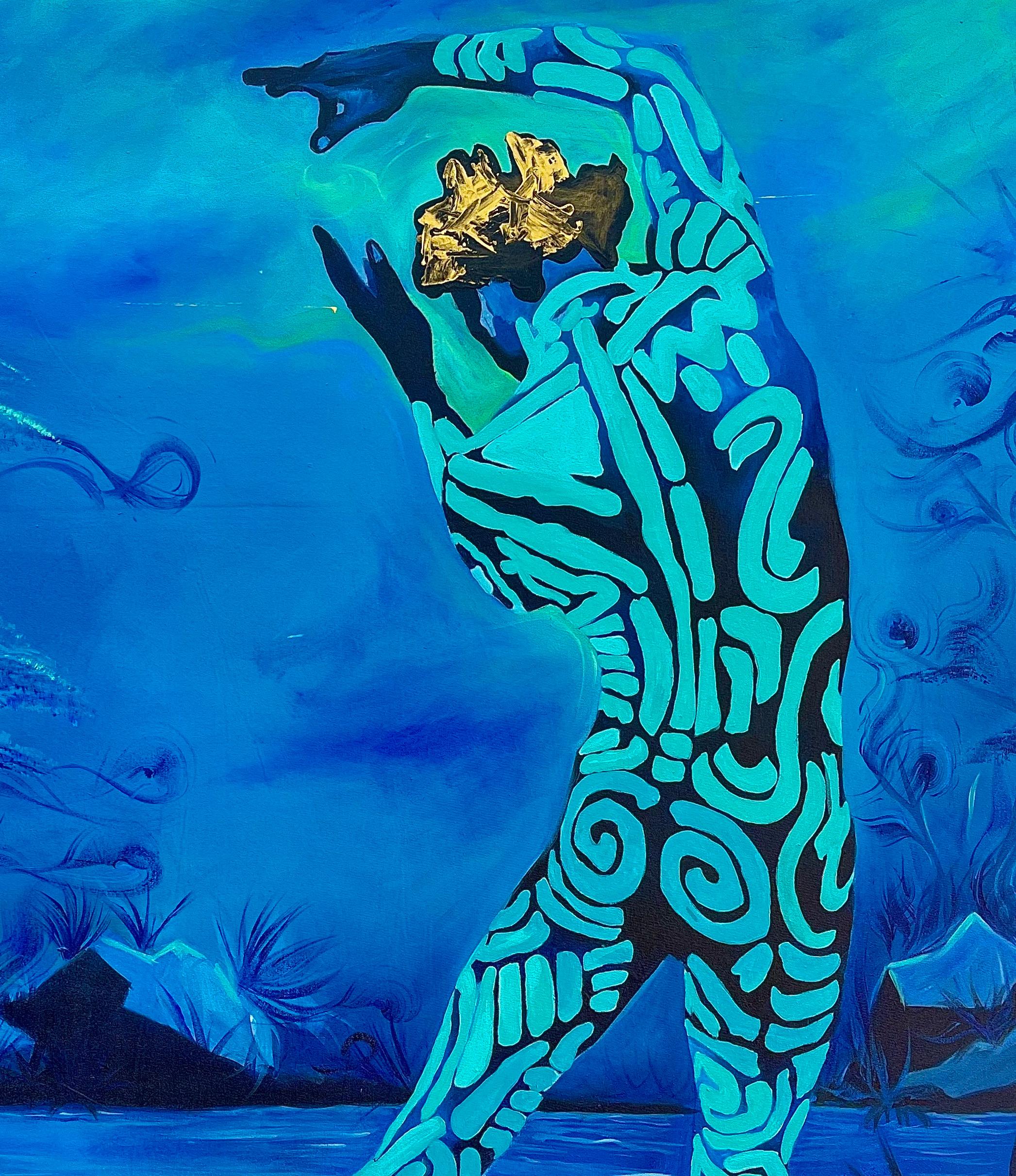 Como Árboles en el Viento - Siglo XXI, Figurativo, Africano, Danza, Escritura Corporal - Portrait Painting Azul de Jethro King Oluwatosin