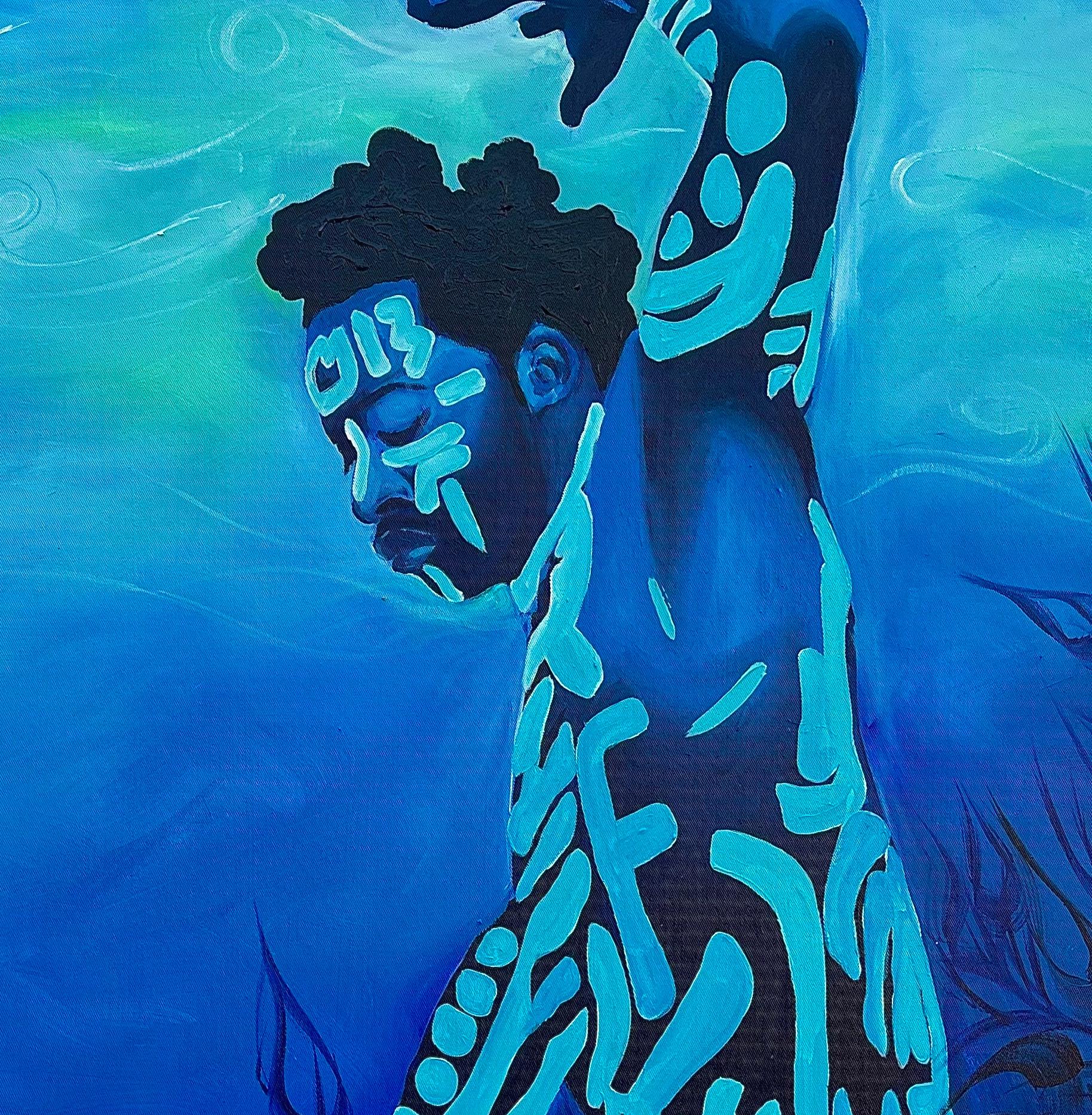 Uno Con La Marea 1 - Siglo XXI, Figurativo, Africano, Danza, Escritura Corporal - Figurative Painting Azul de Jethro King Oluwatosin
