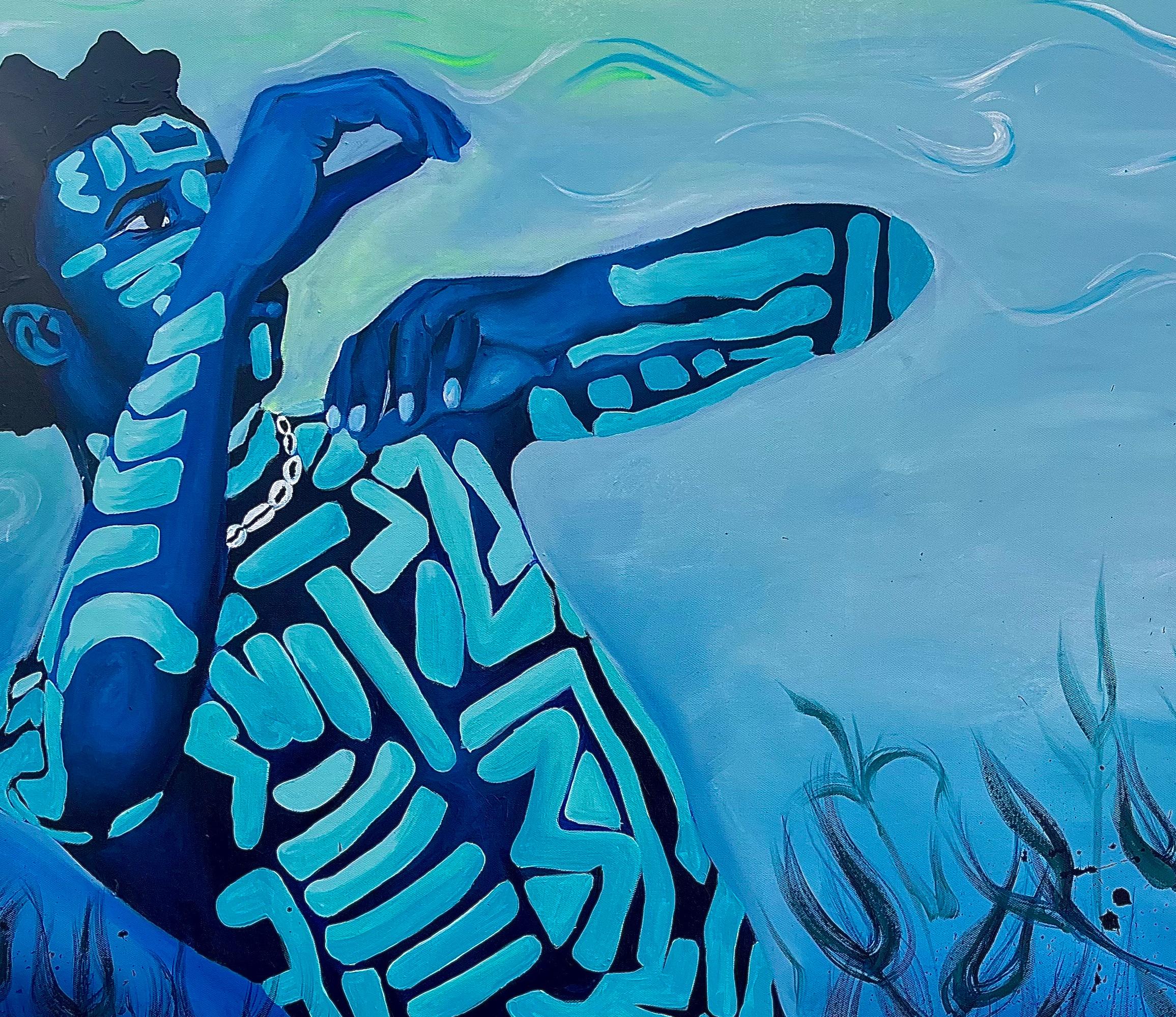 Uno Con La Marea 2 - Siglo XXI, Figurativo, Africano, Danza, Escritura Corporal - Portrait Painting Azul de Jethro King Oluwatosin