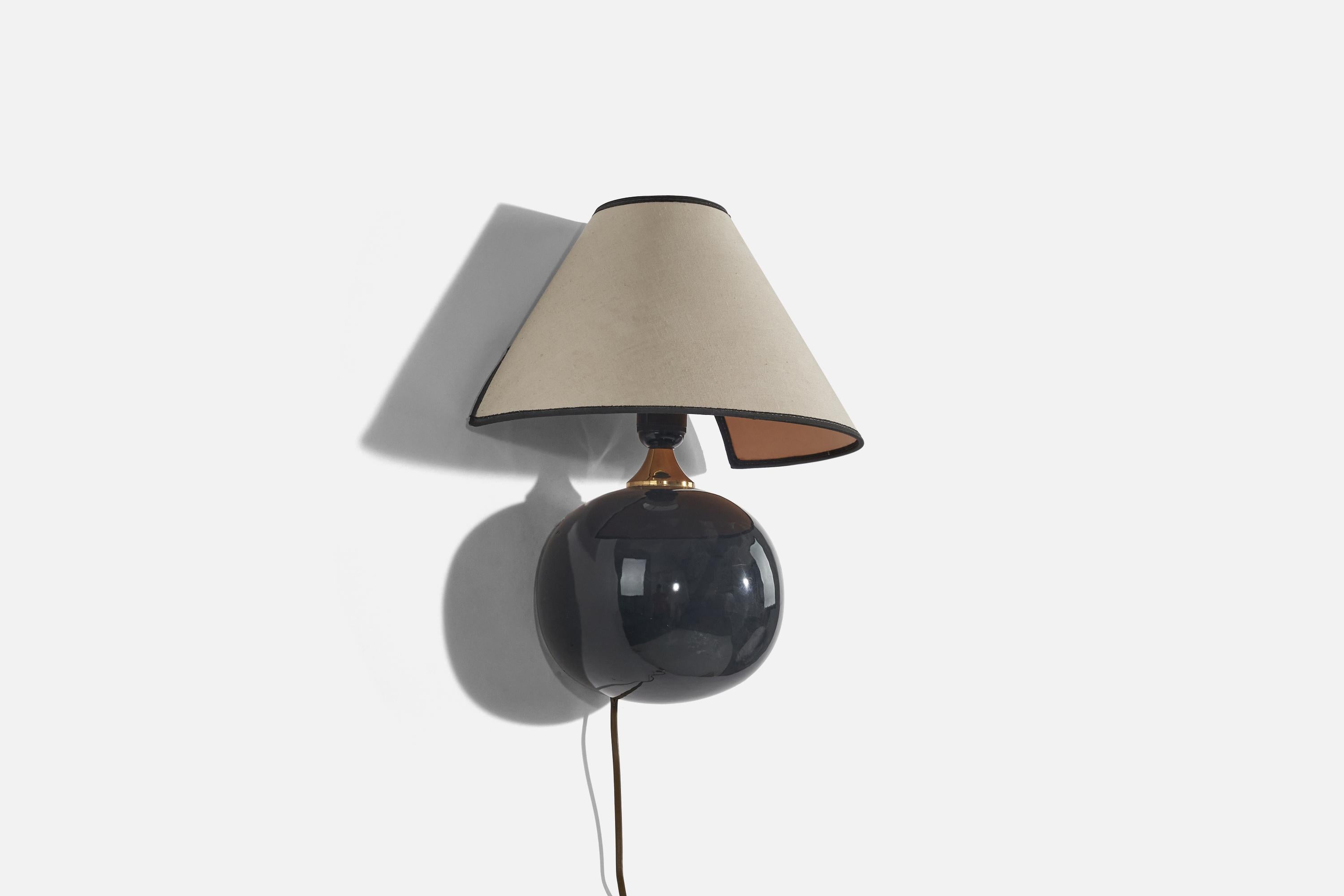 A black ceramic and white paper wall light designed and produced by Jette Hellerøe, Denmark, 1960s.

Sold with lampshade. 
Stated dimensions refer to the Sconce with the Shade.
 