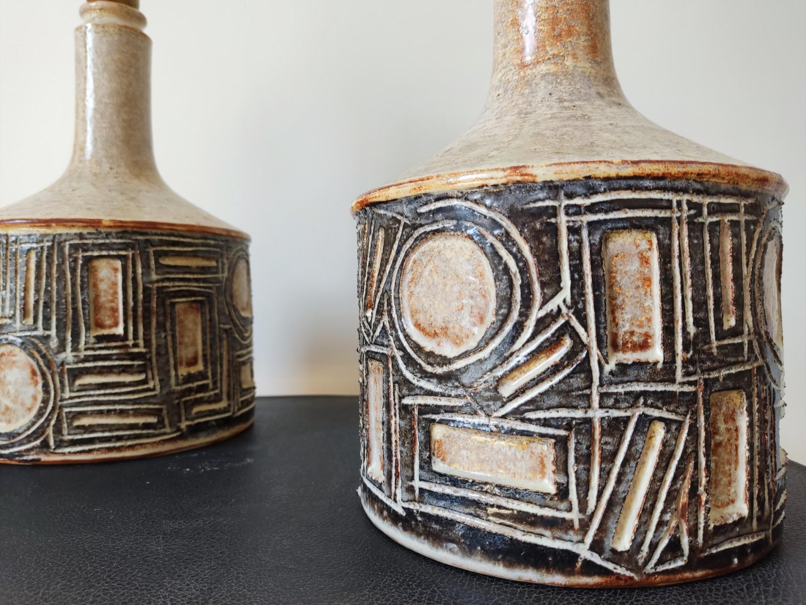 Rare pair of Danish ceramic lamps by Jette Helleroe
The lamps are made of beige/orange glazed stoneware and decorated with black abstract geometric figures.
These lamps are a fine example of Jette Hellerøe's very expressive and powerful ceramic