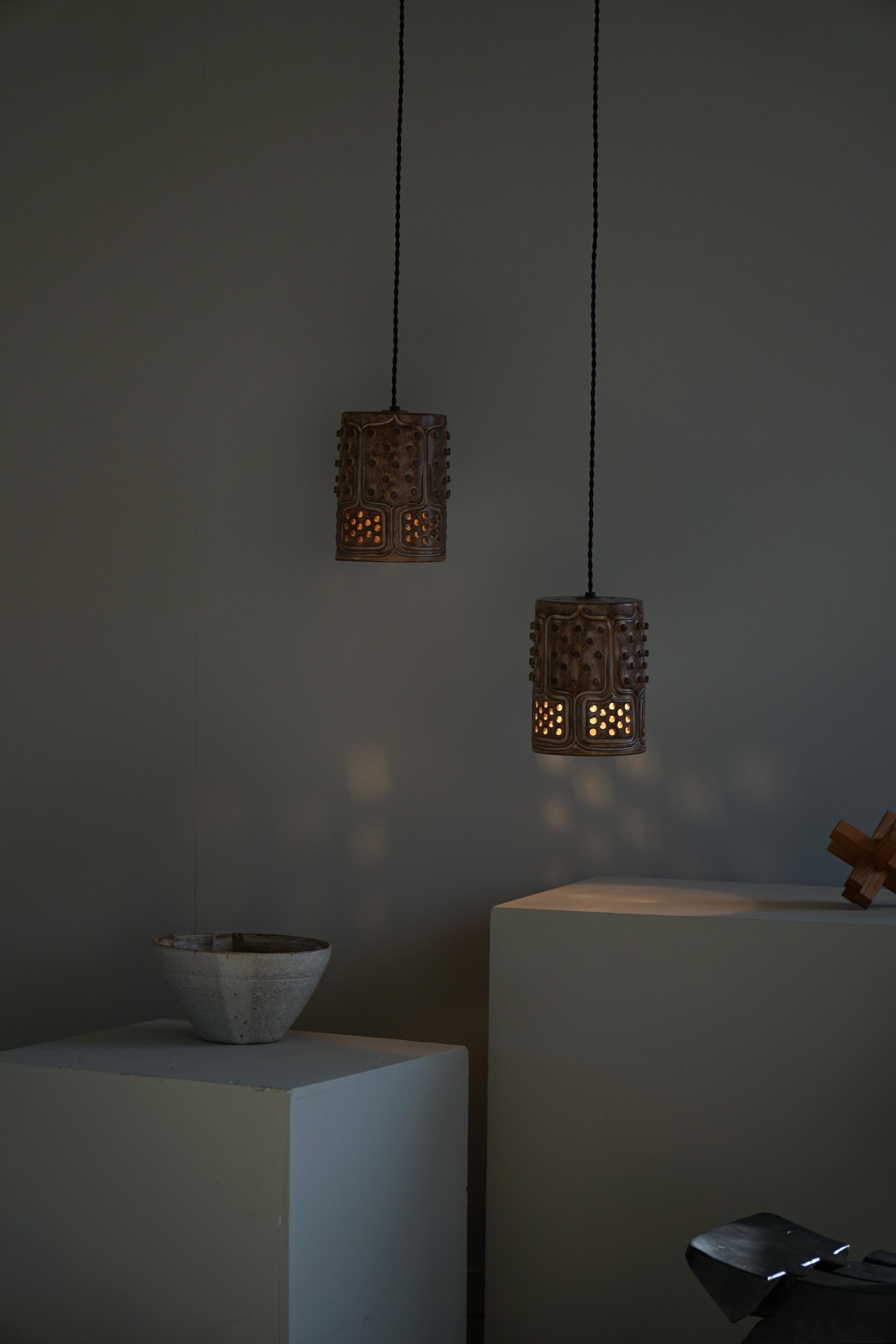 Ceramic Jette Helleroe, Pair of Pendant Lights in Stoneware, Danish Modern, 1960s