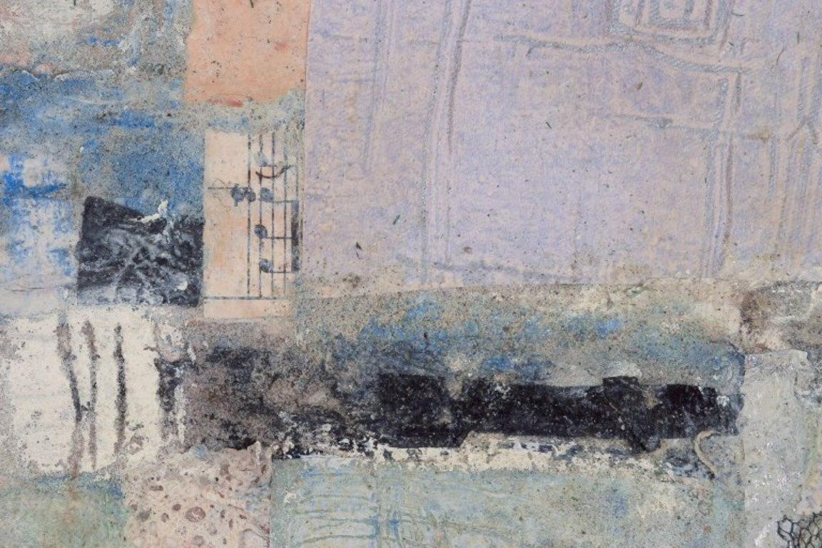 Danish Jette Lindberg. Mixed media on board. Abstract composition. Dated 2004 For Sale