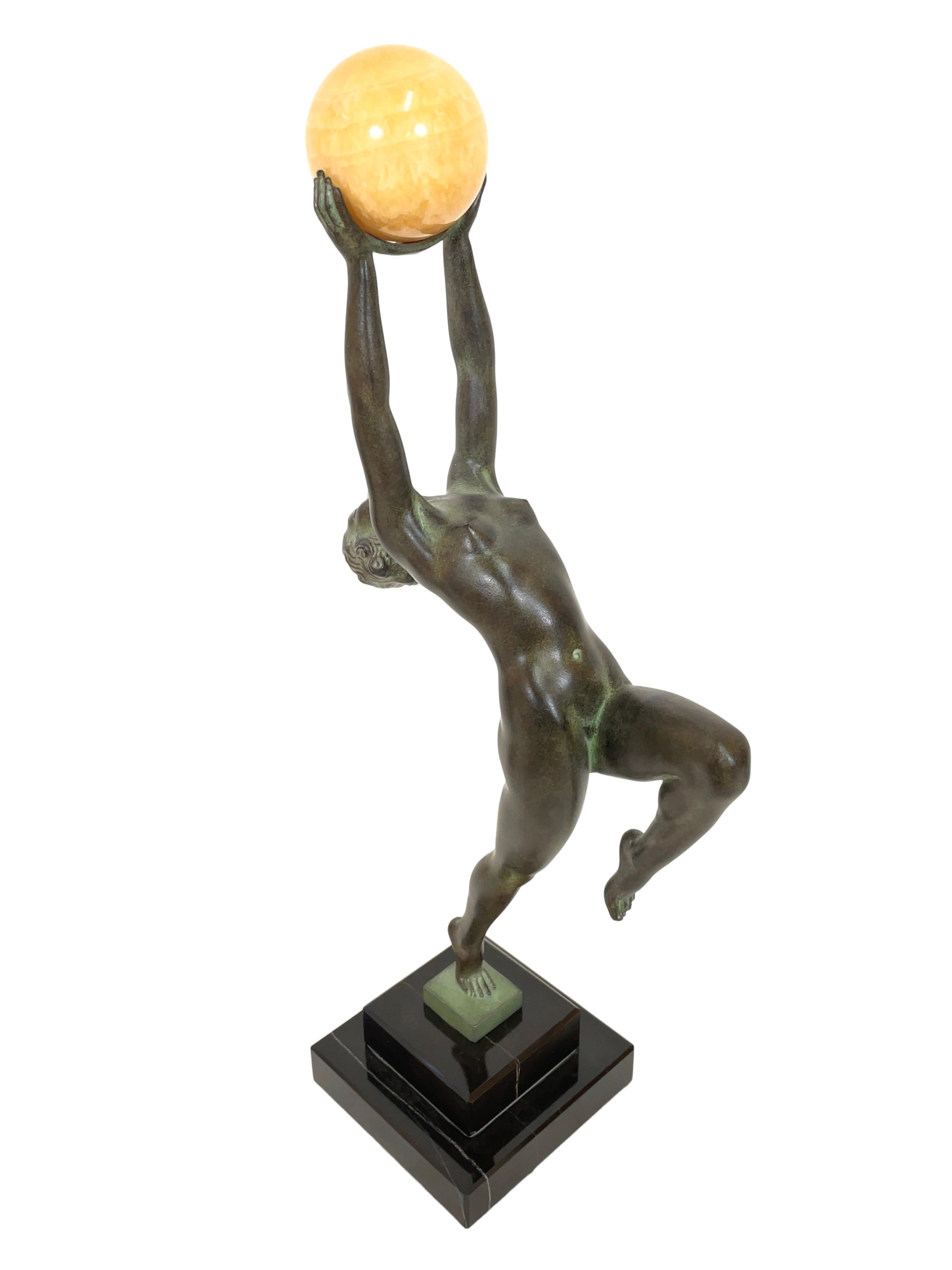 French Jeu Sculpture in Spelter with an Onyx Ball from Max Le Verrier in Art Deco Style