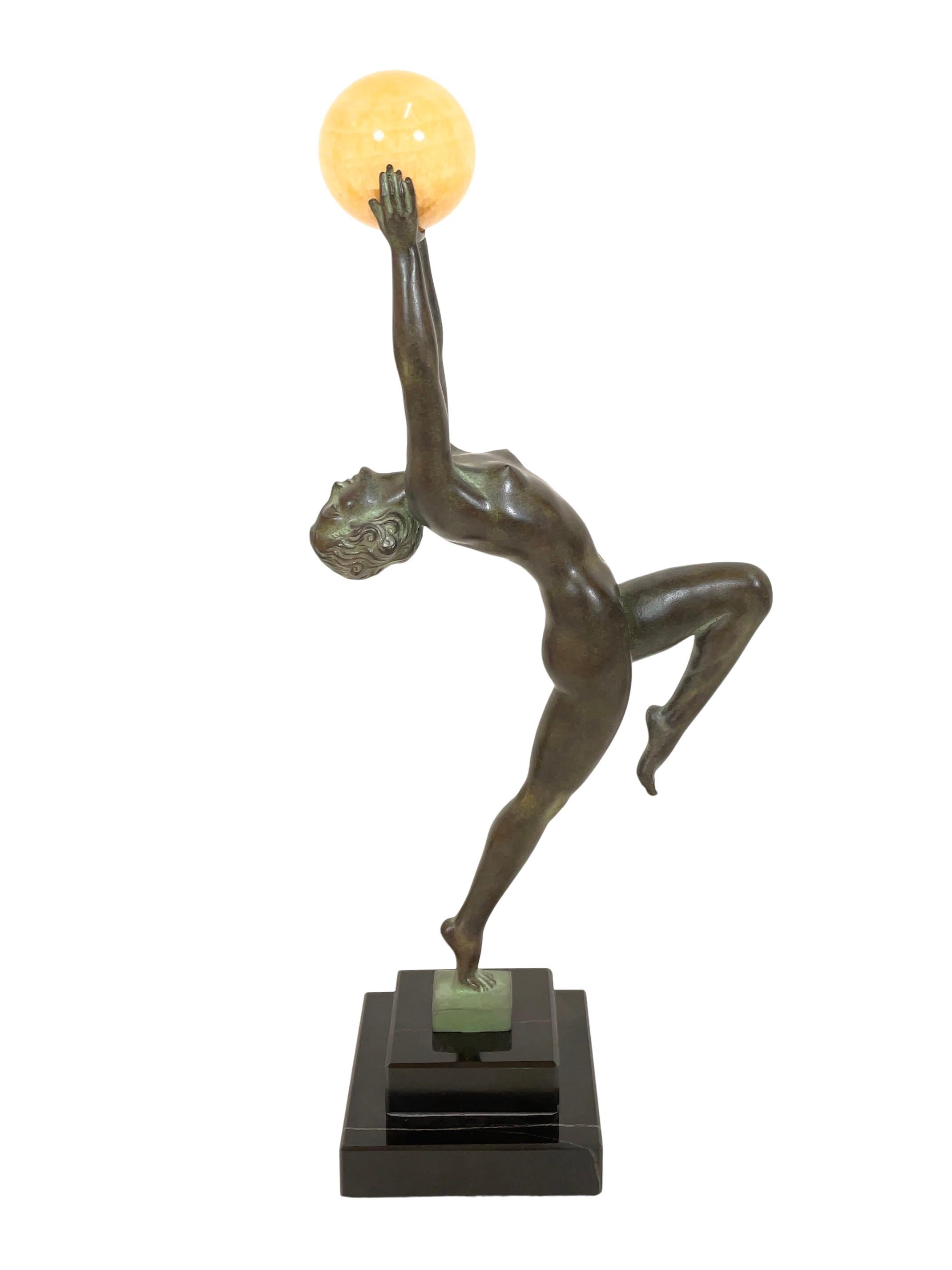 French Jeu Sculpture in Spelter with an Onyx Ball from Max Le Verrier in Art Deco Style
