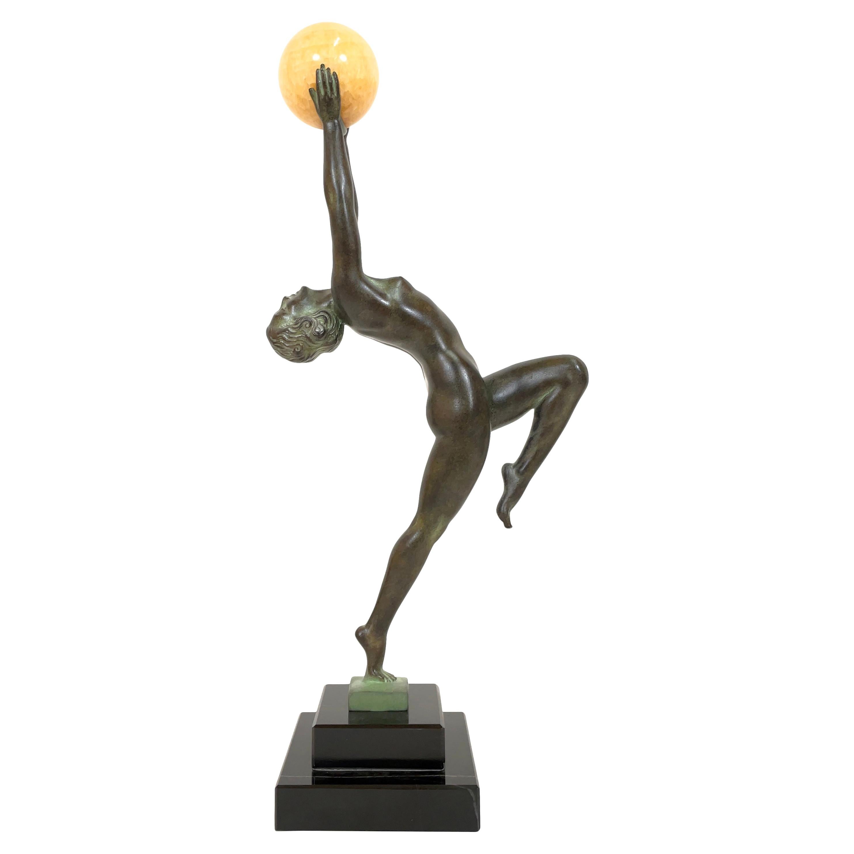 Jeu Sculpture in Spelter with an Onyx Ball from Max Le Verrier in Art Deco Style