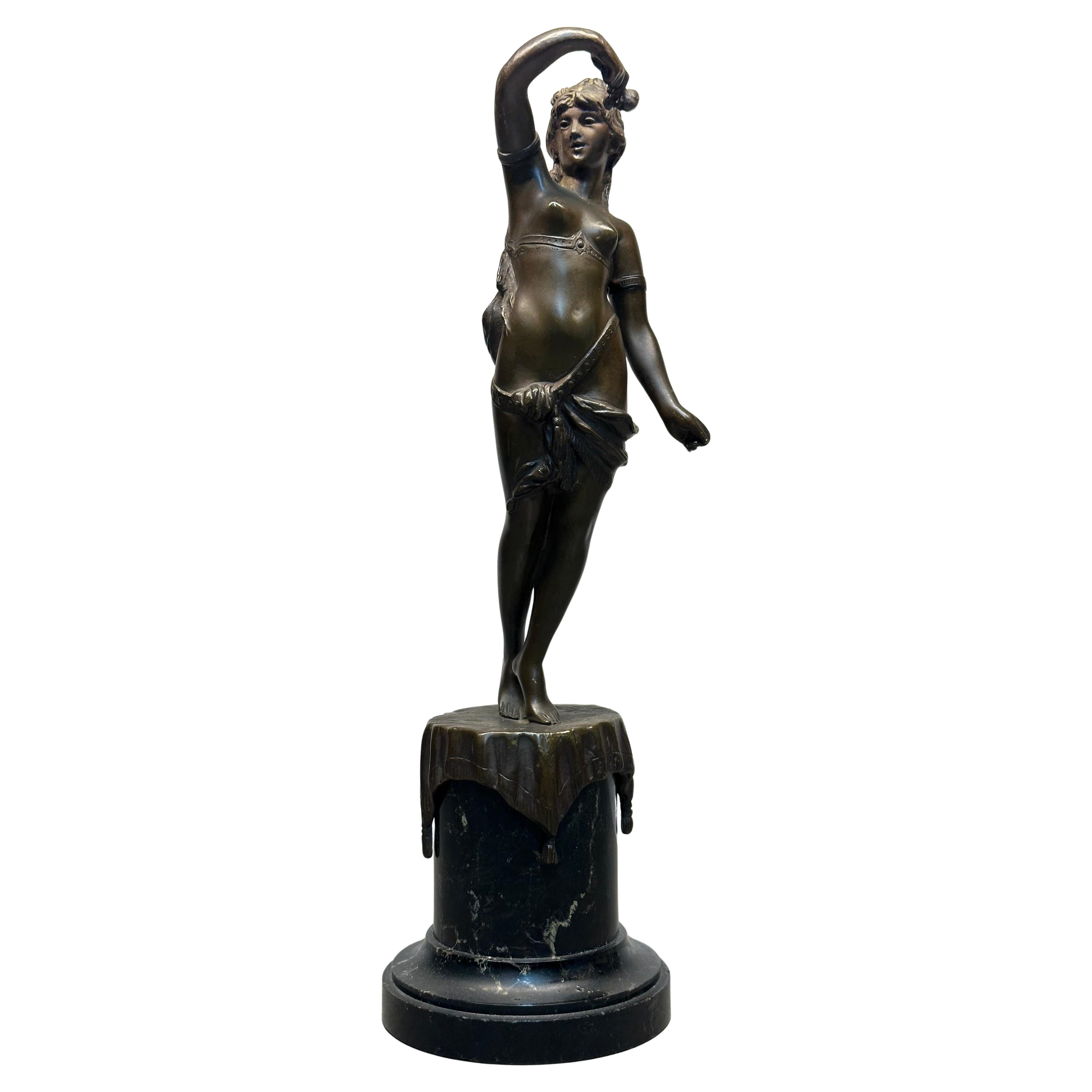 "Jeune Femme a la Fleur" - French Art Nouveau Bronze Maiden on Marble Base