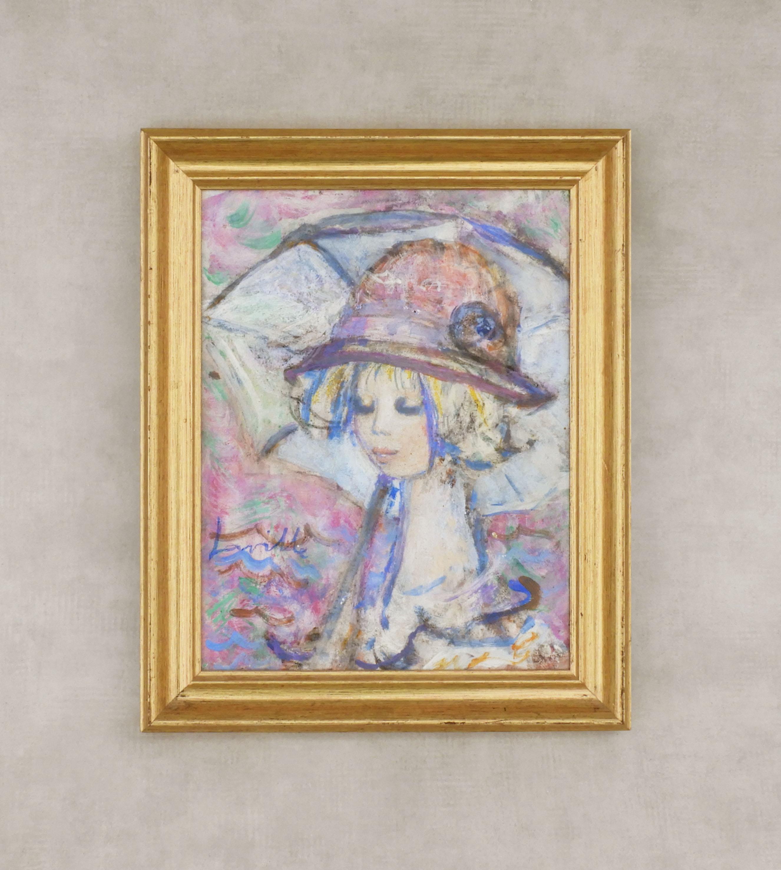 European Jeune Femme au Chapeau Oil on Canvas by Henri Laville c1960 France FREE SHIPPING For Sale