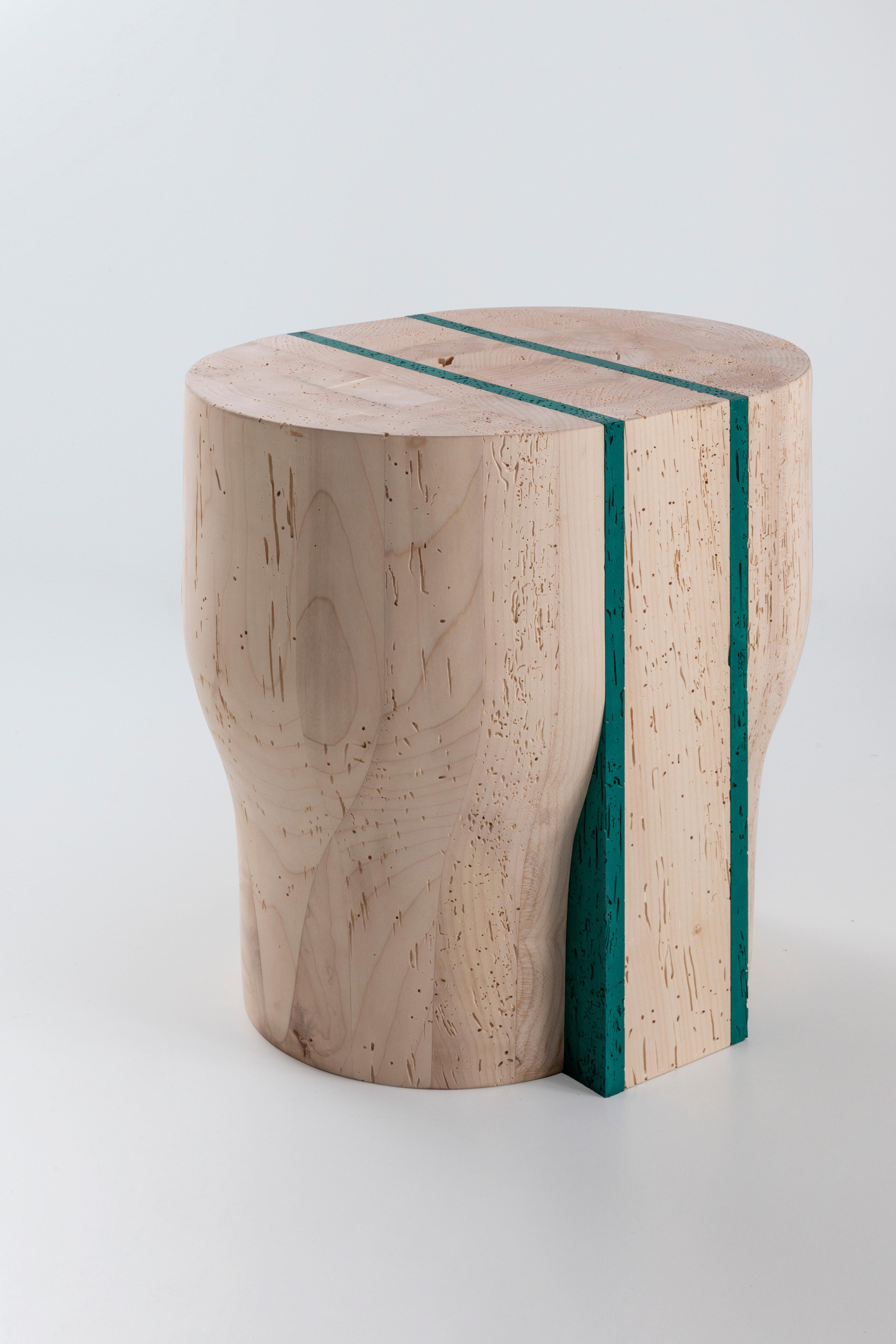 Jeunesse n.3 stool and side table made in recovered maple wood is part of Jeunesse Collection designed by Duccio Maria Gambi. This collection is composed of three works that explore the relationship between two elements, a solid mass of reclaimed
