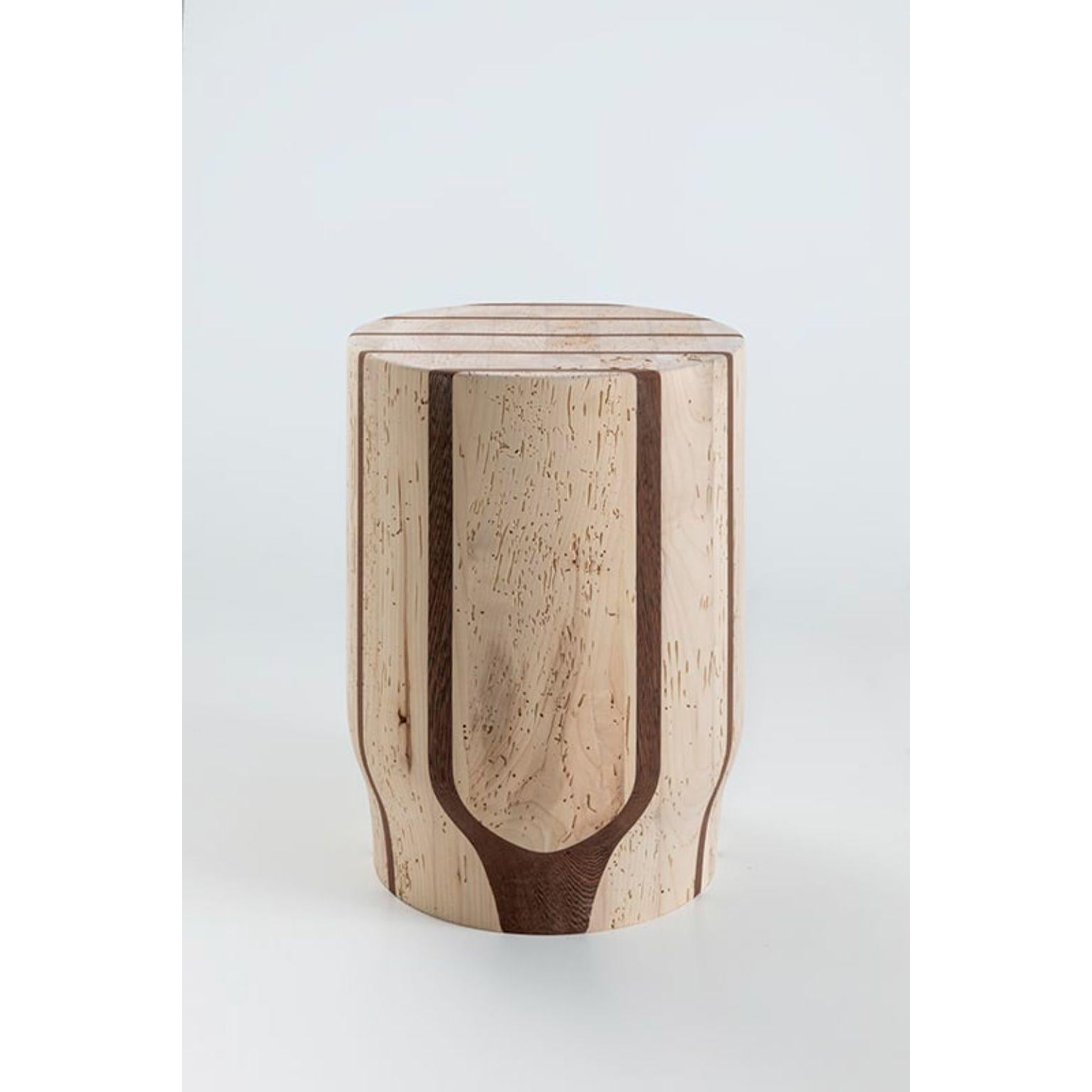 Jeunesse Wengè Stool by Secondome Edizioni and Studio F
Designer: Duccio Maria Gambi.
Dimensions: Ø 32 x H 43 cm.
Materials: Solid woodworm maple wood and wengè wood. 

Collection / Production: Secondome + Studio F. This piece can be customized.
