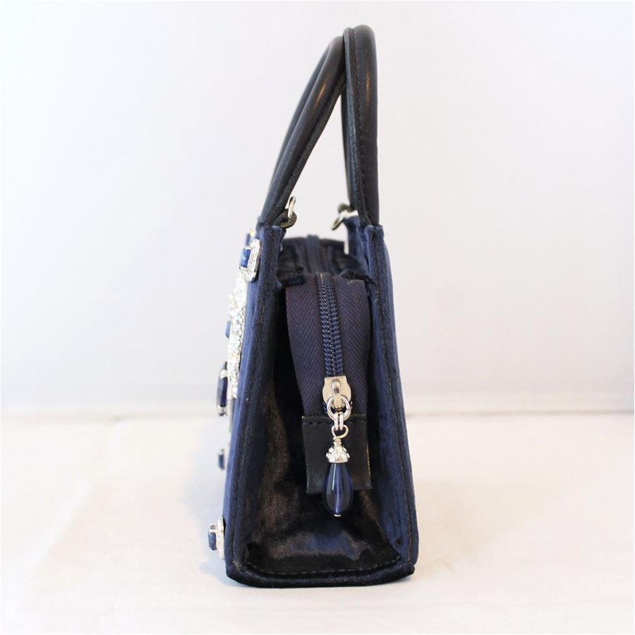 Velvet Night blue color Wonderful metal crystals and swarovski applications Sapphire like resins Double handle Zip closure Can be carried crossbody too Cm 15 x 13 x 7 (5.9 x 5.1 x 2.7 inches)
