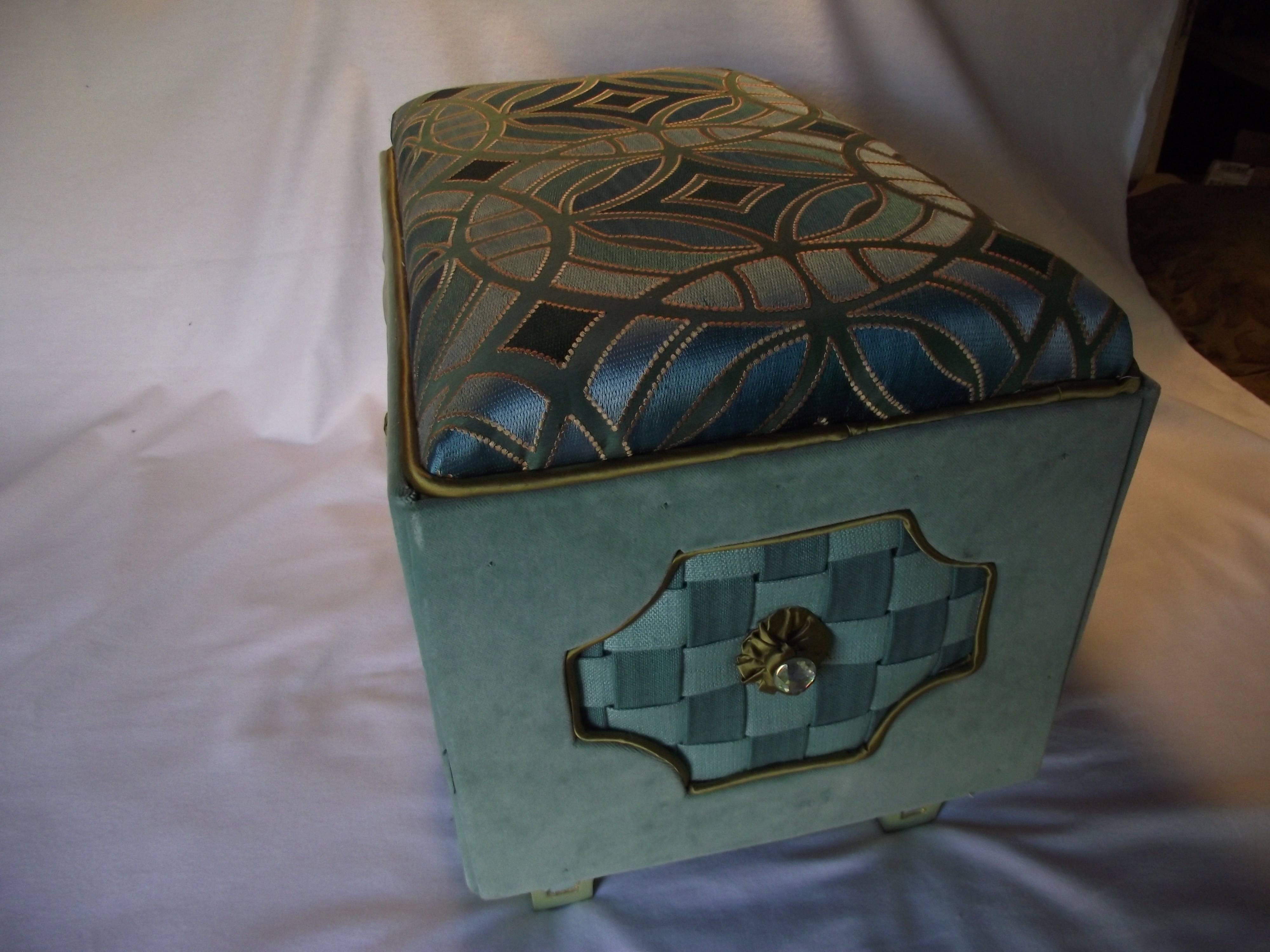 Only four of these charming little ottomans were designed by W. Gantt for a Decorator Show House room. Since then one has sold and three remain. They are signed and dated. The ottomans are build on a solid hardwood frame and covered i n very