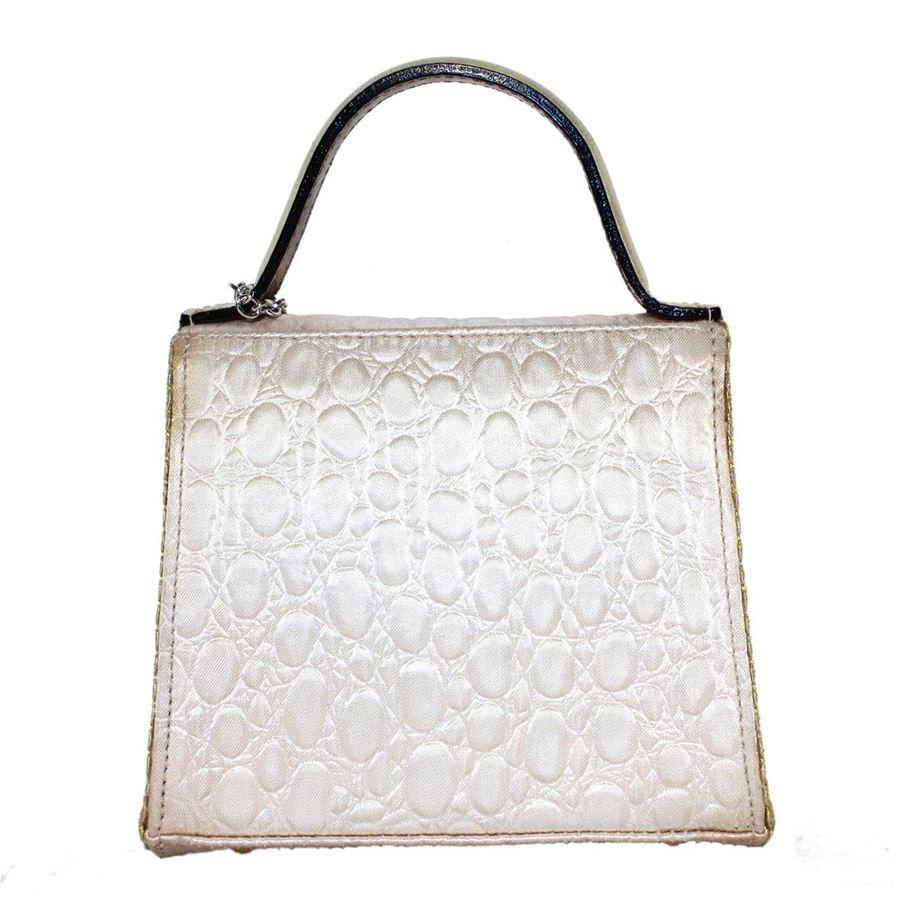 Platinfarbenes, goldfarbenes, geprägtes Textil Wunderschöne Metallkristalle und Swarovski-Applikationen Blumenmuster Ledergriff Knopfverschluss Kann auch mit Crossbody getragen werden Cm 15 x 14 x 7 (5,9 x 5,5 x 2,7 Zoll)
