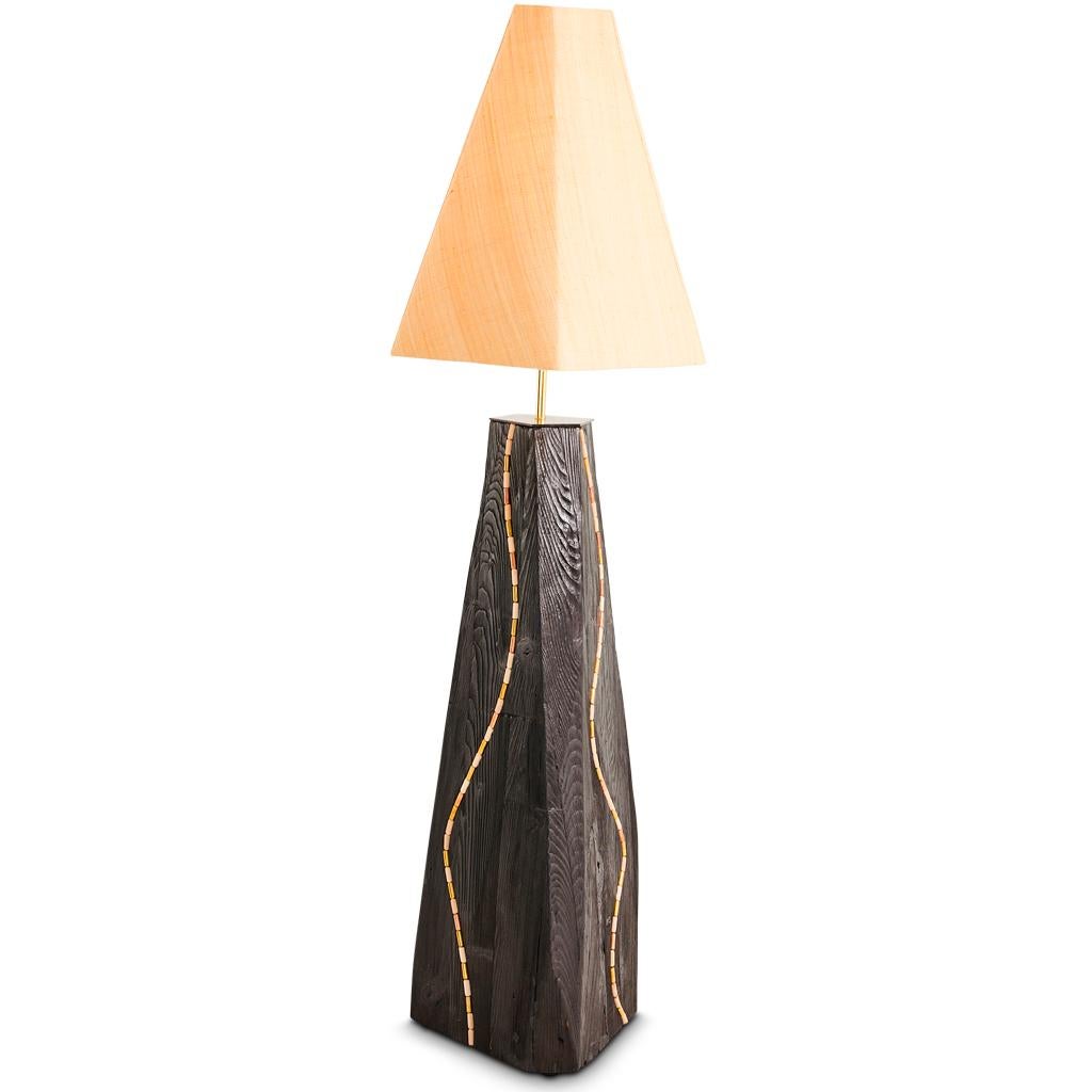 South African Jewel Modern Handmade Shou Sugi Ban Oak, Brass, Copper & Raffia Floor Lamp  For Sale