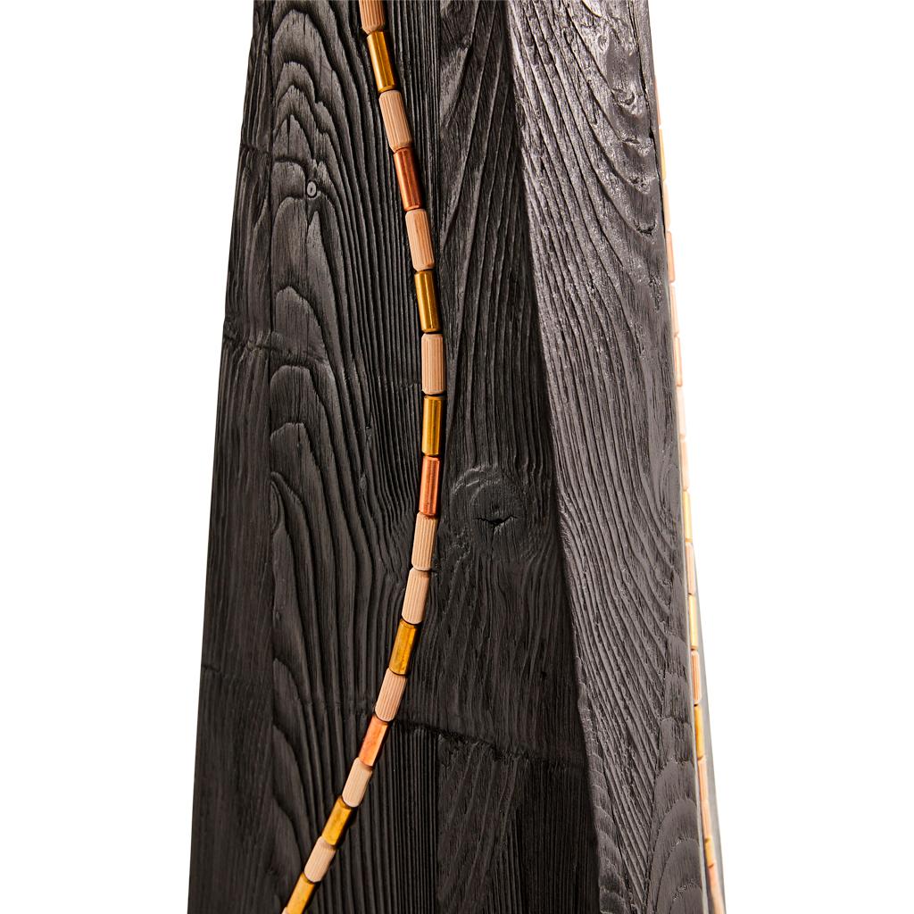 Hand-Crafted Jewel Modern Handmade Shou Sugi Ban Oak, Brass, Copper & Raffia Floor Lamp  For Sale