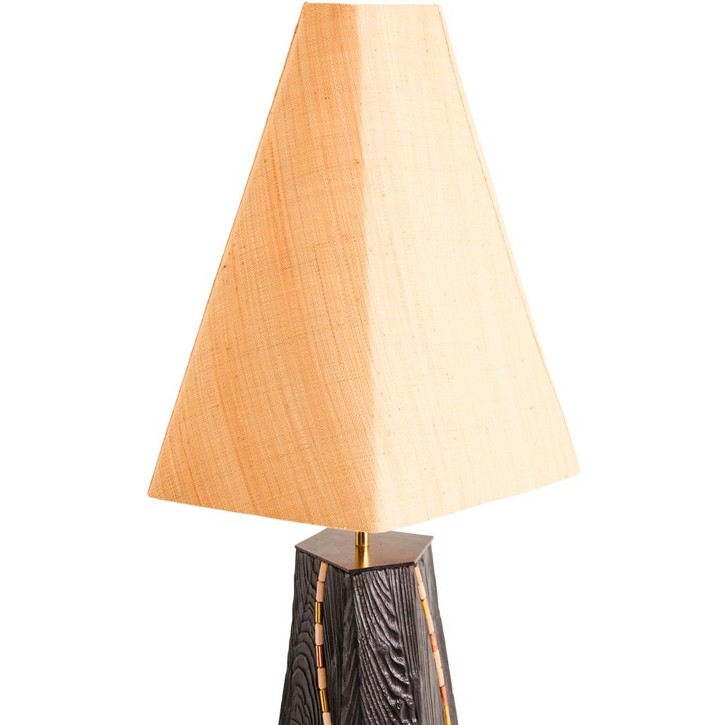 Jewel Modern Handmade Shou Sugi Ban Oak, Brass, Copper & Raffia Floor Lamp  In New Condition For Sale In Bothas Hill, KZN