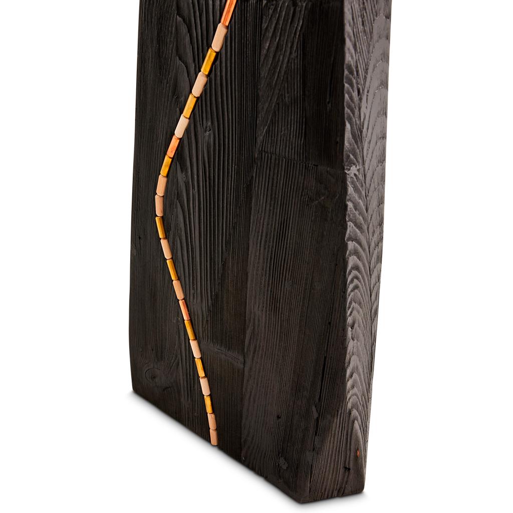 Contemporary Jewel Modern Handmade Shou Sugi Ban Oak, Brass, Copper & Raffia Floor Lamp  For Sale