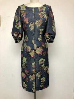 Jewel Neck Slim Dress, Full Sleeve, Front Slit  Abstract Floral French Jacquard