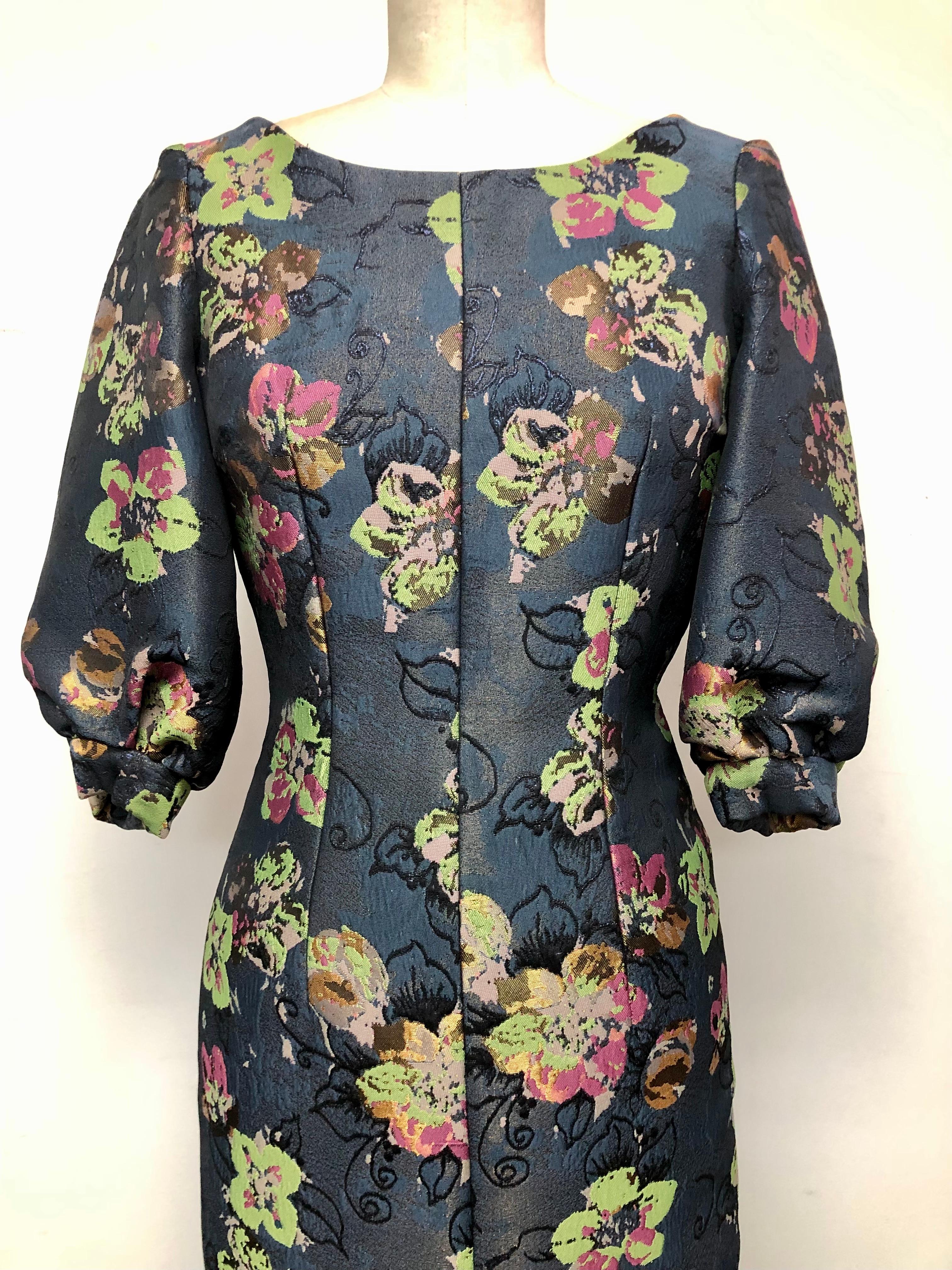 Jewel Neck Slim Dress, Full Sleeve, Front Slit  Abstract Floral French Jacquard In Excellent Condition For Sale In Los Angeles, CA