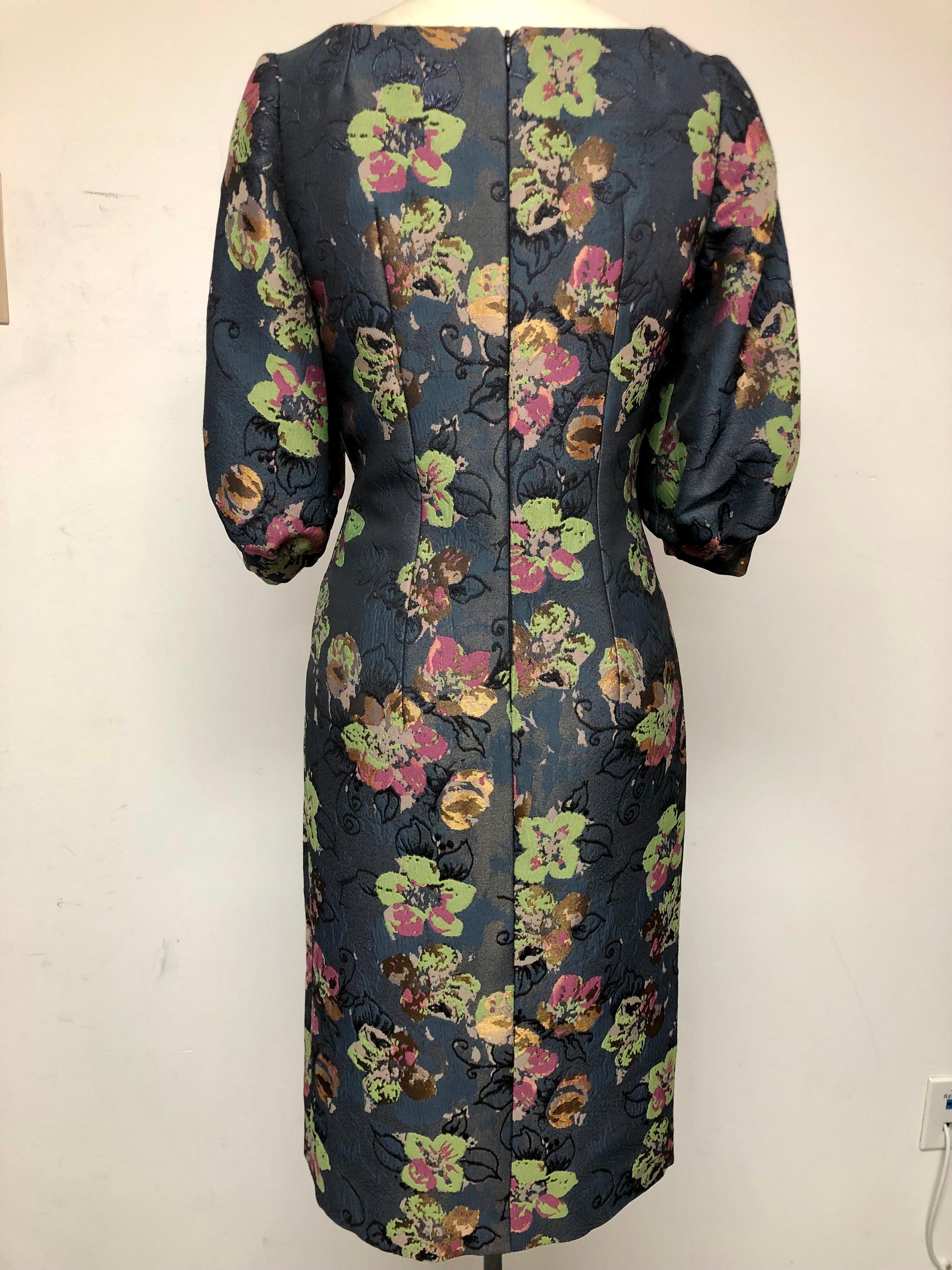 Jewel Neck Slim Dress, Full Sleeve, Front Slit  Abstract Floral French Jacquard For Sale 1