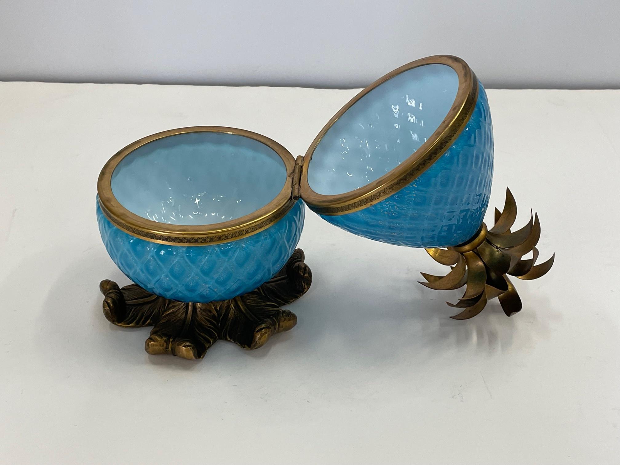 Magnificent decorative Murano glass box in the shape of neoclassical pineapple having brass decorations and stand. Lid opens with space for jewelry or candies or other treasure.