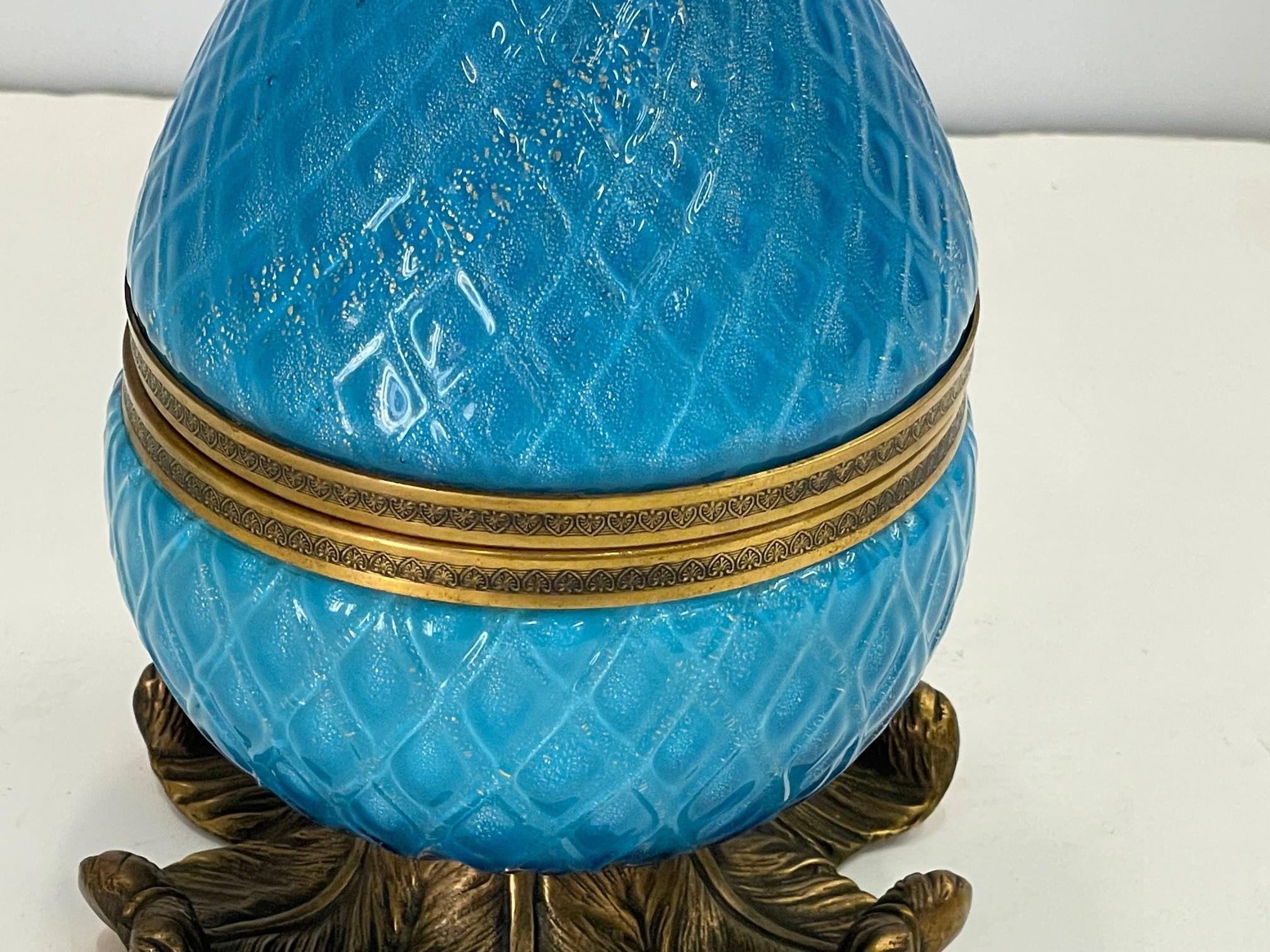 Mid-20th Century Jewel of a Murano Turquoise Glass & Brass Adorned Pineapple Shaped Box