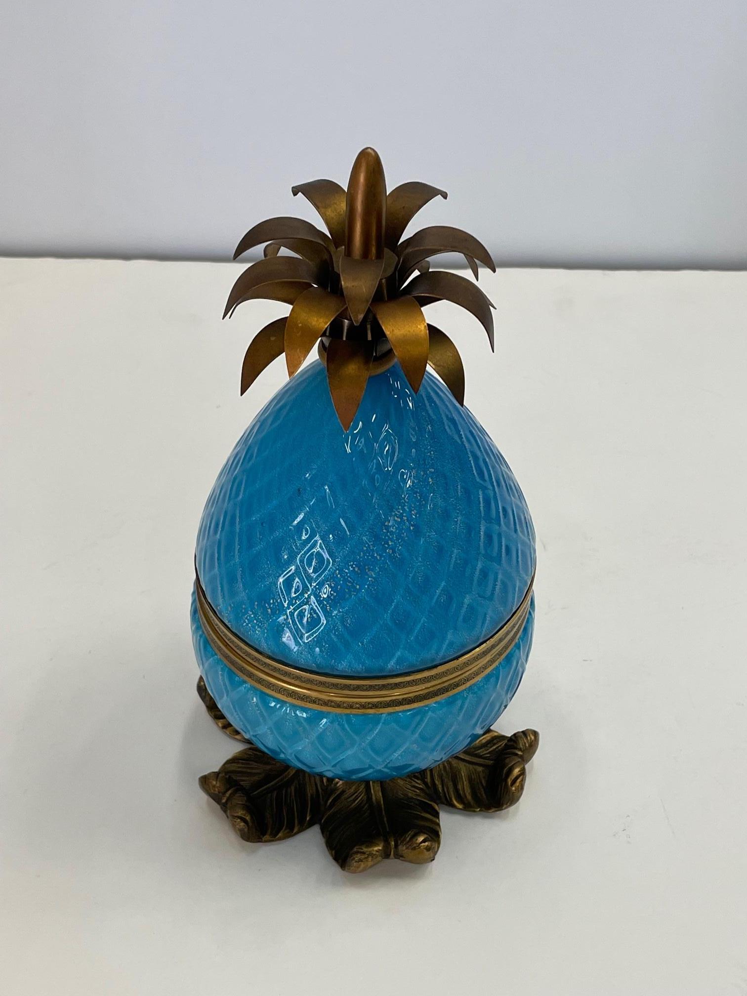 Jewel of a Murano Turquoise Glass & Brass Adorned Pineapple Shaped Box 1