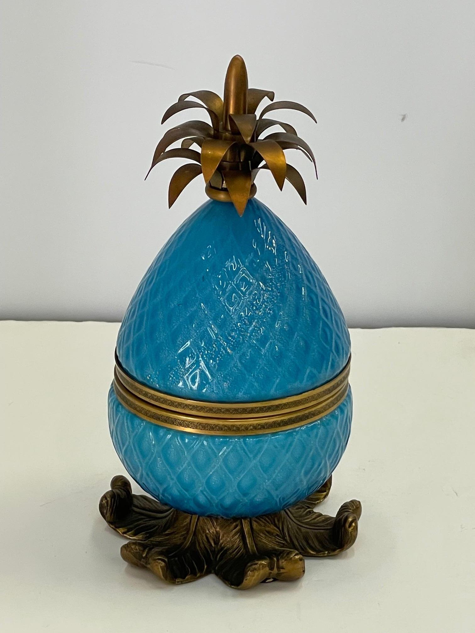 Jewel of a Murano Turquoise Glass & Brass Adorned Pineapple Shaped Box 3