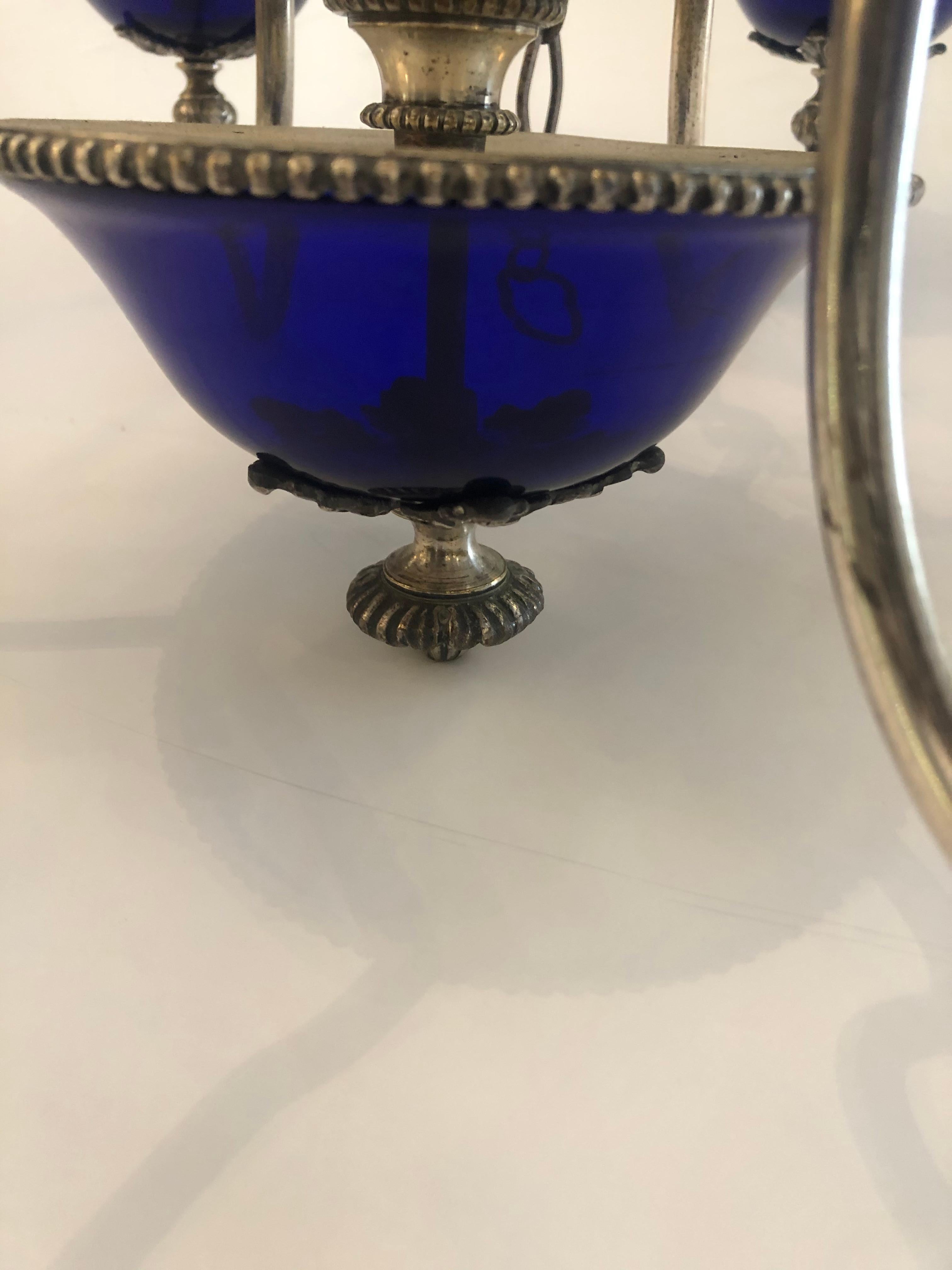 Jewel of an English 19th C Silver and Cobalt Blue Glass 6 Arm Candle Chandelier For Sale 4