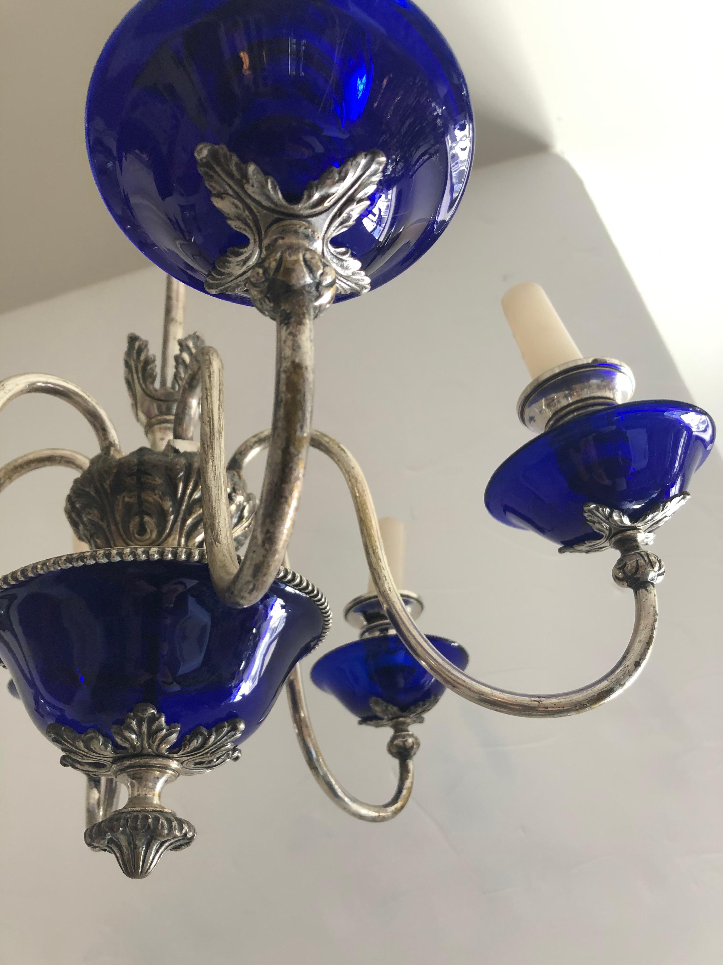 Regency Jewel of an English 19th C Silver and Cobalt Blue Glass 6 Arm Candle Chandelier For Sale