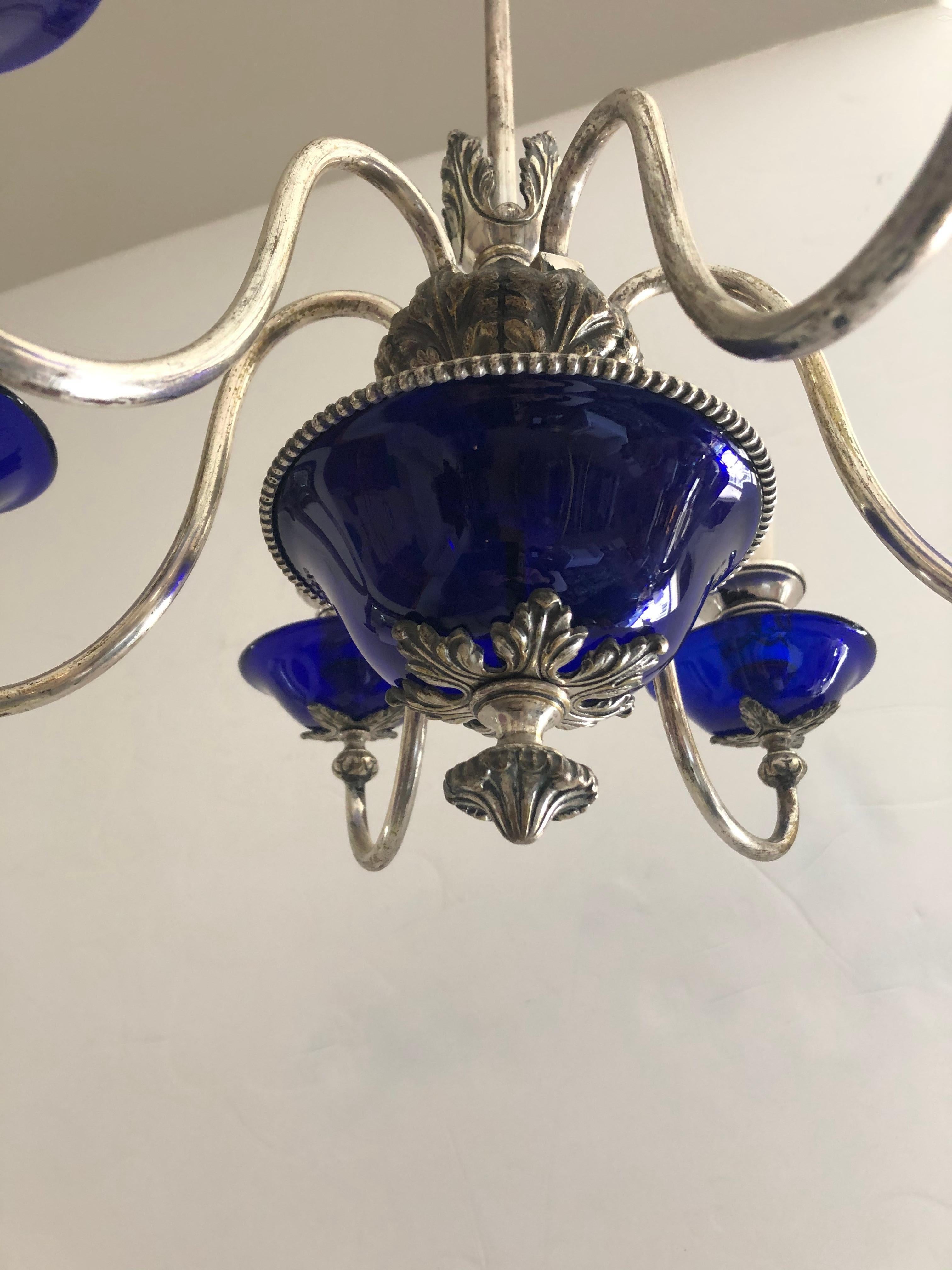 Jewel of an English 19th C Silver and Cobalt Blue Glass 6 Arm Candle Chandelier In Good Condition For Sale In Hopewell, NJ