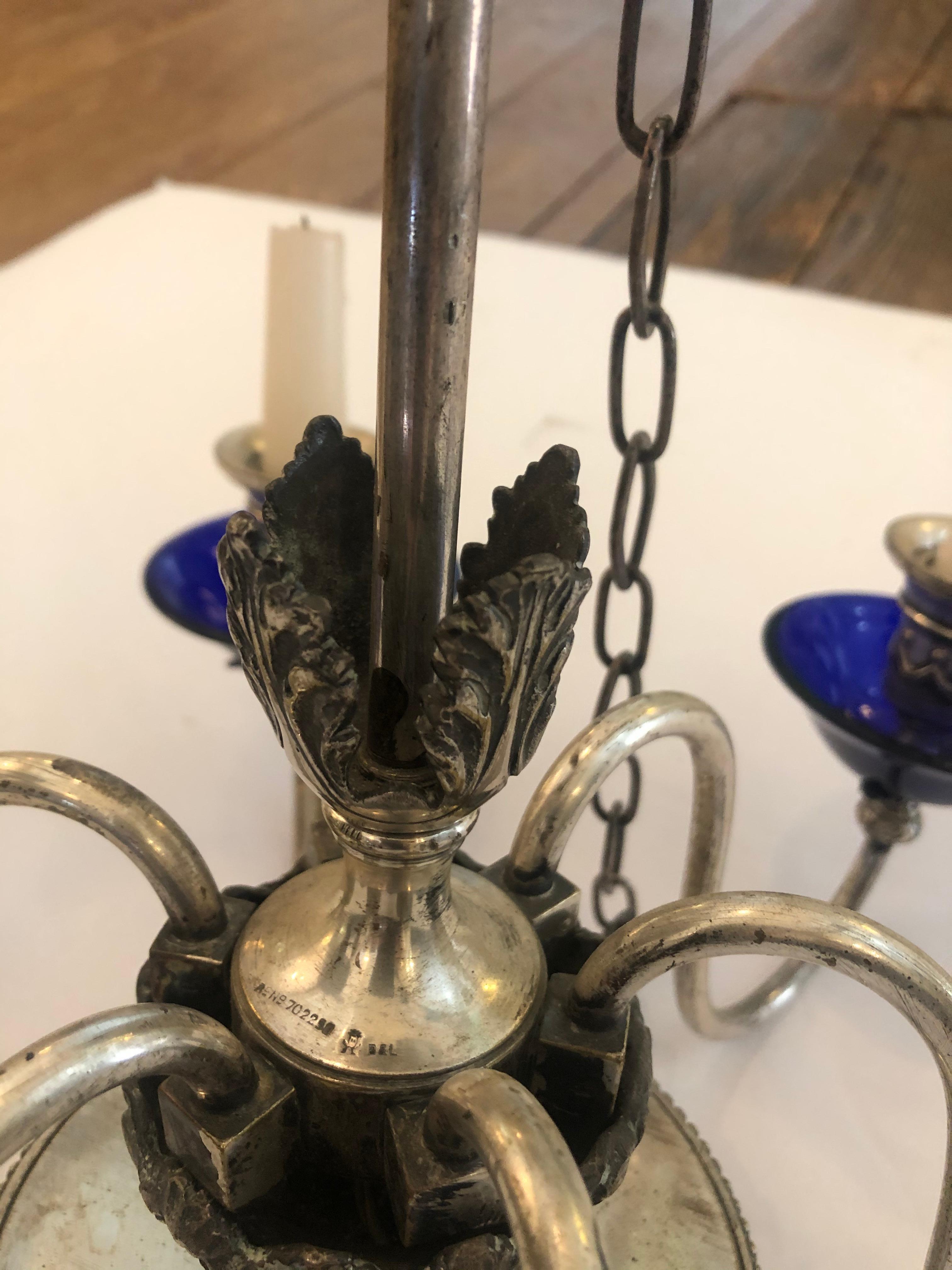 Jewel of an English 19th C Silver and Cobalt Blue Glass 6 Arm Candle Chandelier For Sale 2