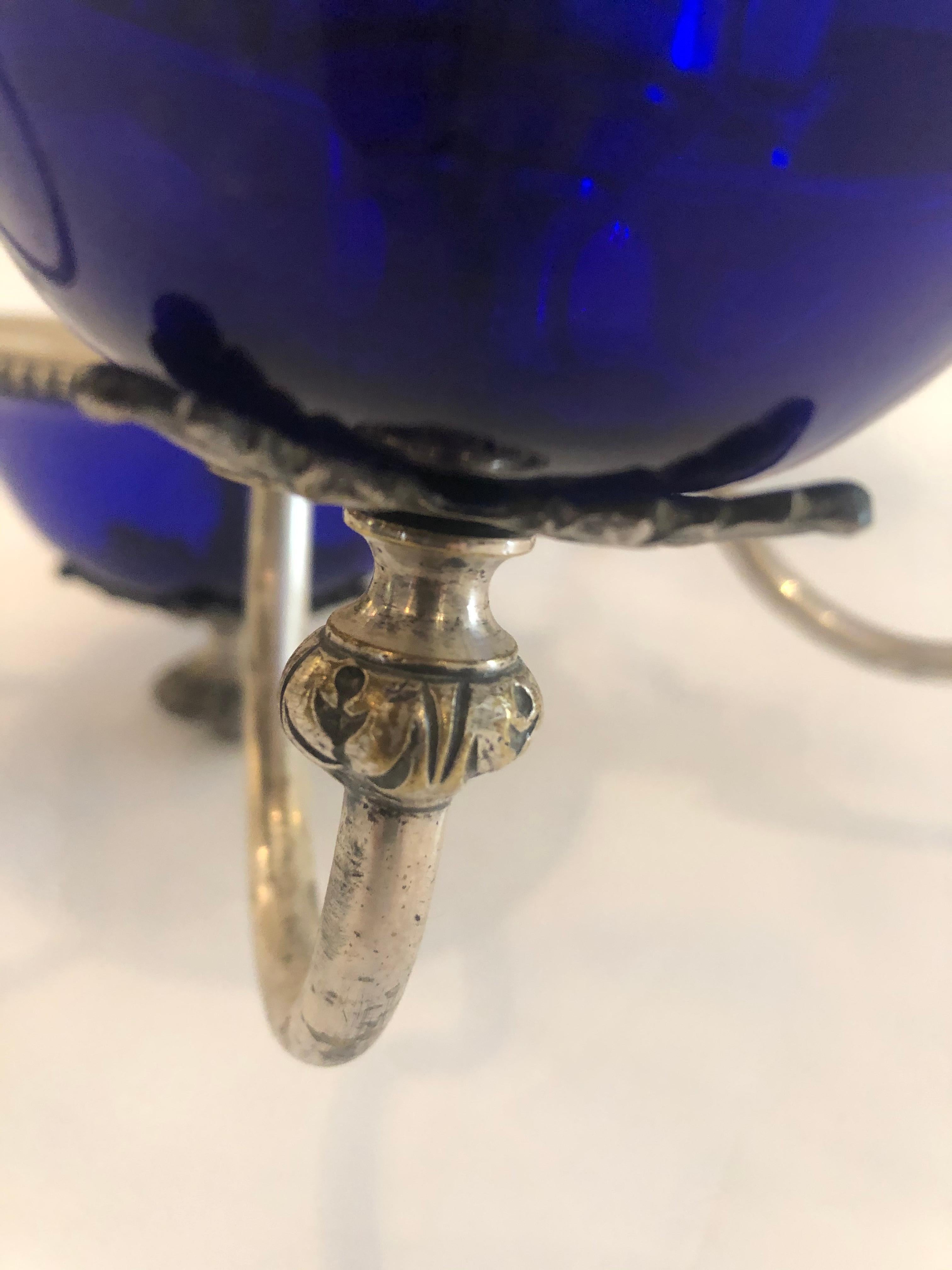 Jewel of an English 19th C Silver and Cobalt Blue Glass 6 Arm Candle Chandelier For Sale 3