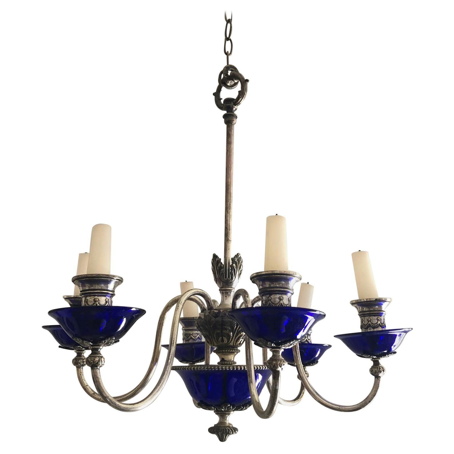 Jewel of an English 19th C Silver and Cobalt Blue Glass 6 Arm Candle Chandelier For Sale