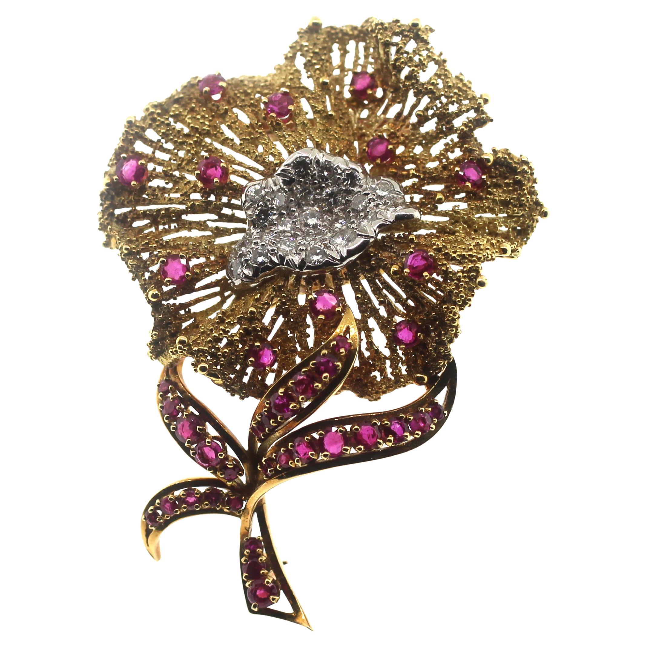 Jewel of Ocean 18K Diamond, Ruby Estate Flower Brooch Convertible to Pendent For Sale