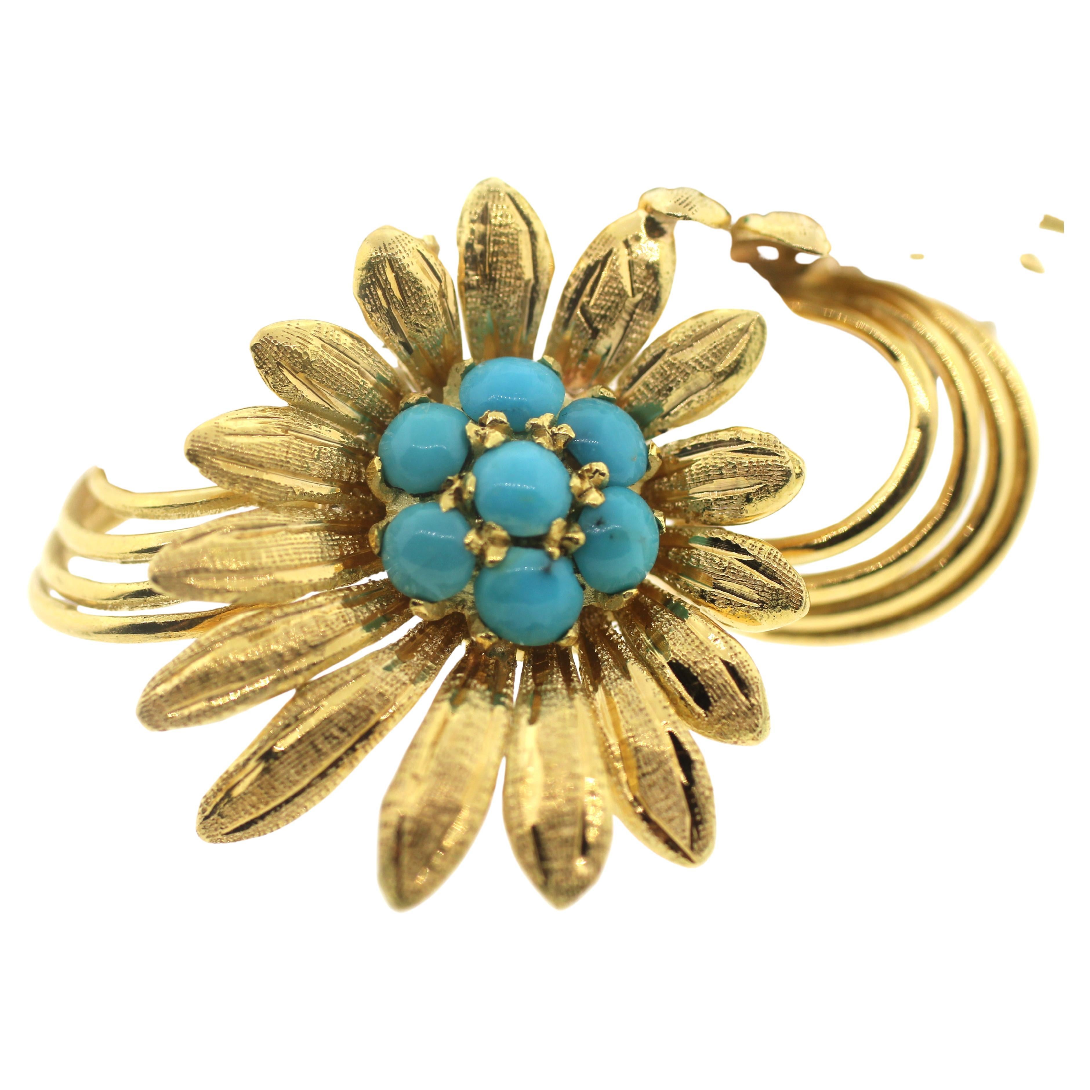 Cabochon Jewel of Ocean 18k Turquoise Estate Flower Brooch 'Convertible to Pendent' For Sale