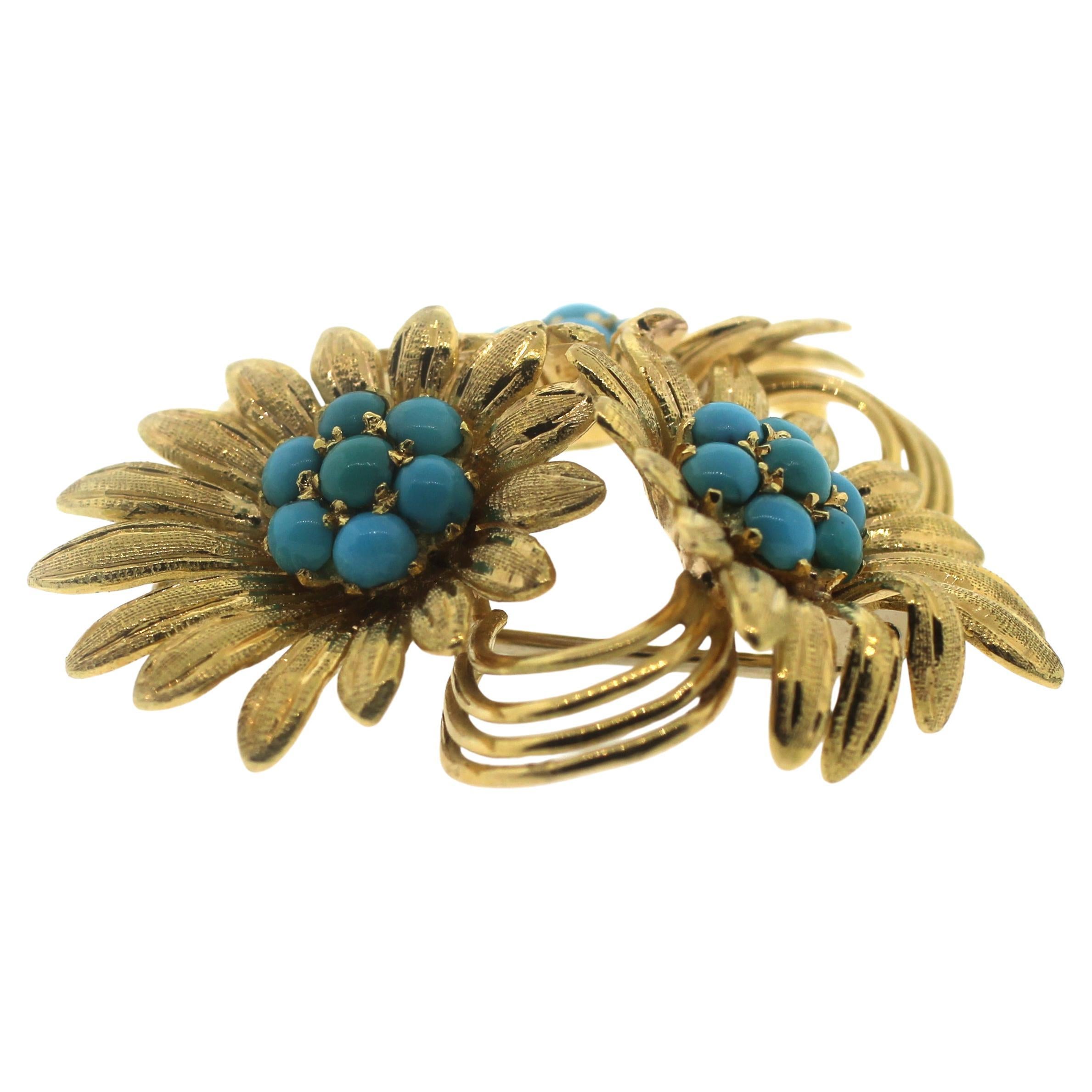 Jewel of Ocean 18k Turquoise Estate Flower Brooch 'Convertible to Pendent' In Good Condition For Sale In New York, NY